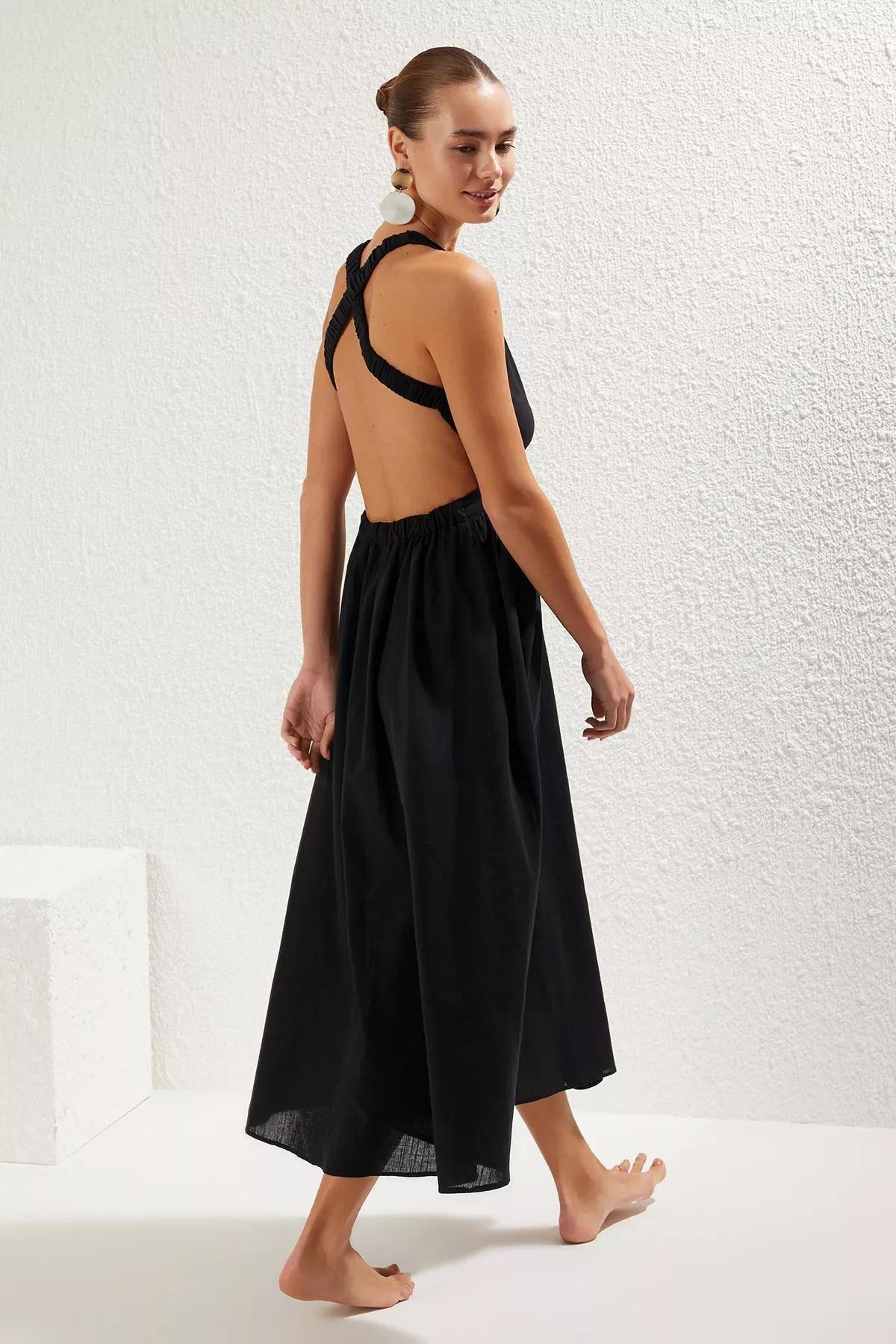 Black Backless Flamed Midi Dress, C101_2094, large image number 0