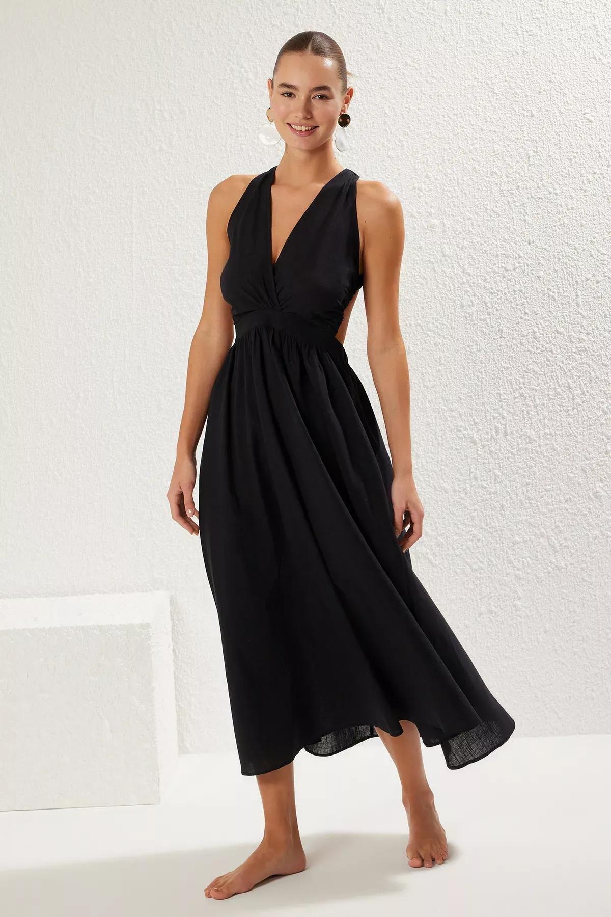 Black Backless Flamed Midi Dress, C101_2094, large image number 1