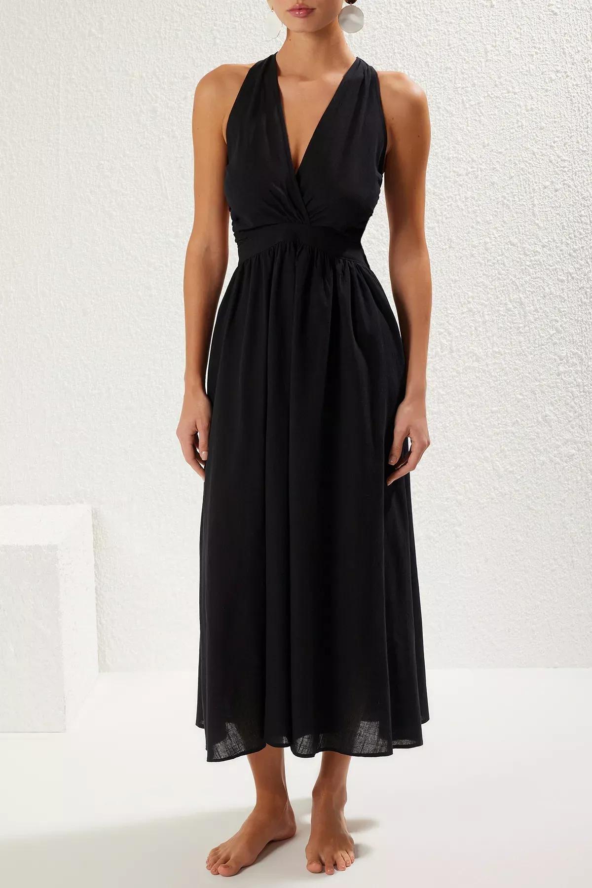 Black Backless Flamed Midi Dress, C101_2094, large image number 2