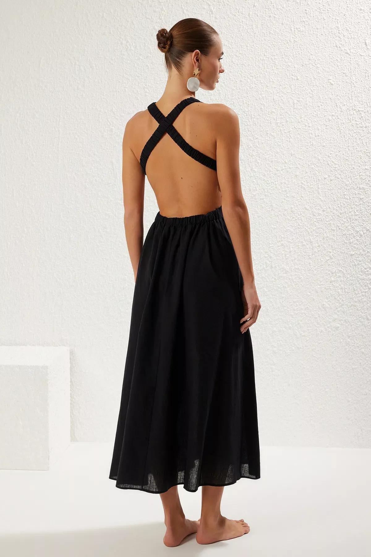 Black Backless Flamed Midi Dress, C101_2094, large image number 4