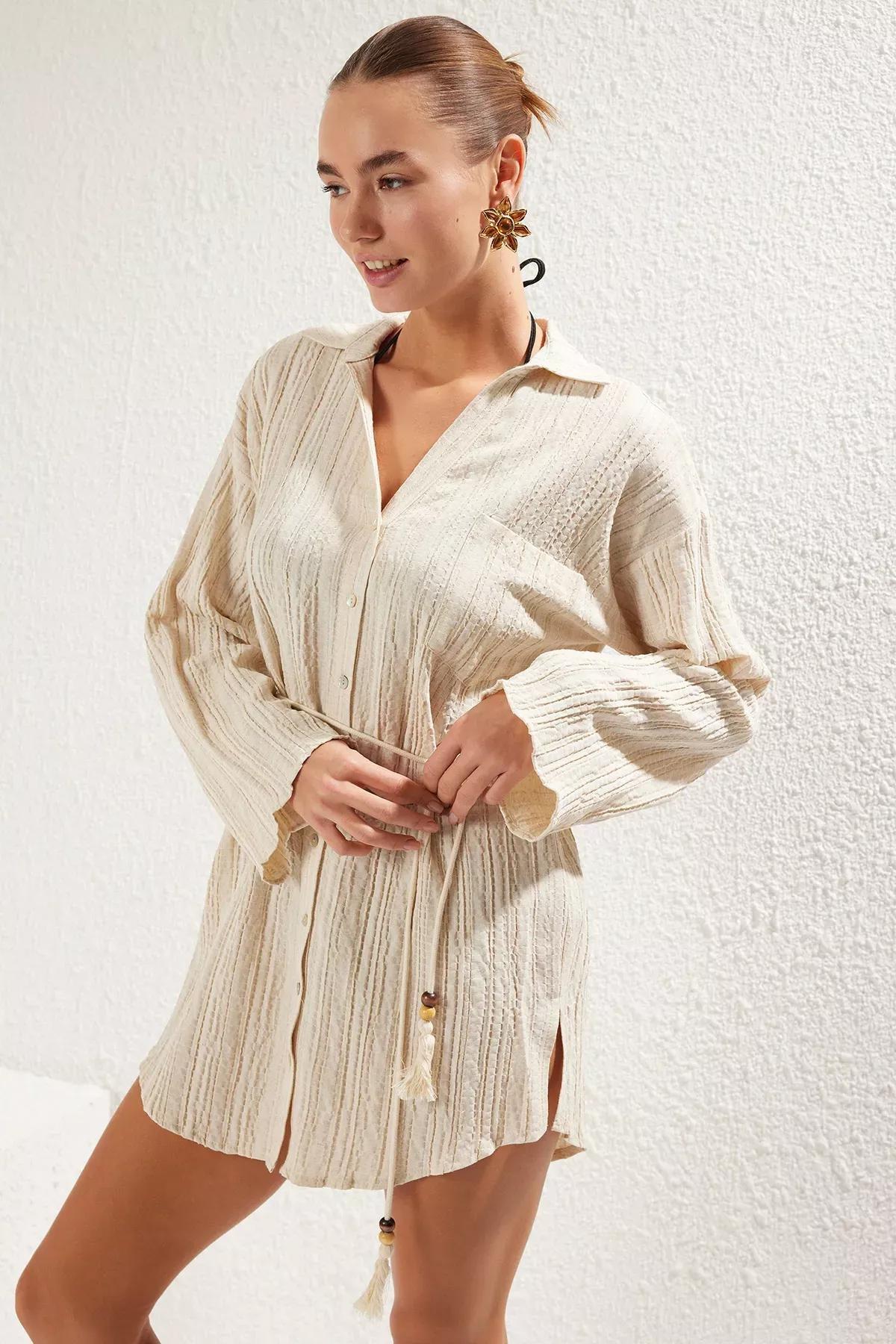 Beige Mini Tassel Flamed Dress, C101_4701, large image number 0