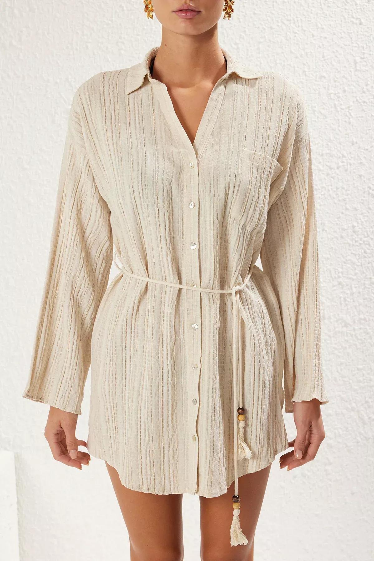 Beige Mini Tassel Flamed Dress, C101_4701, large image number 2