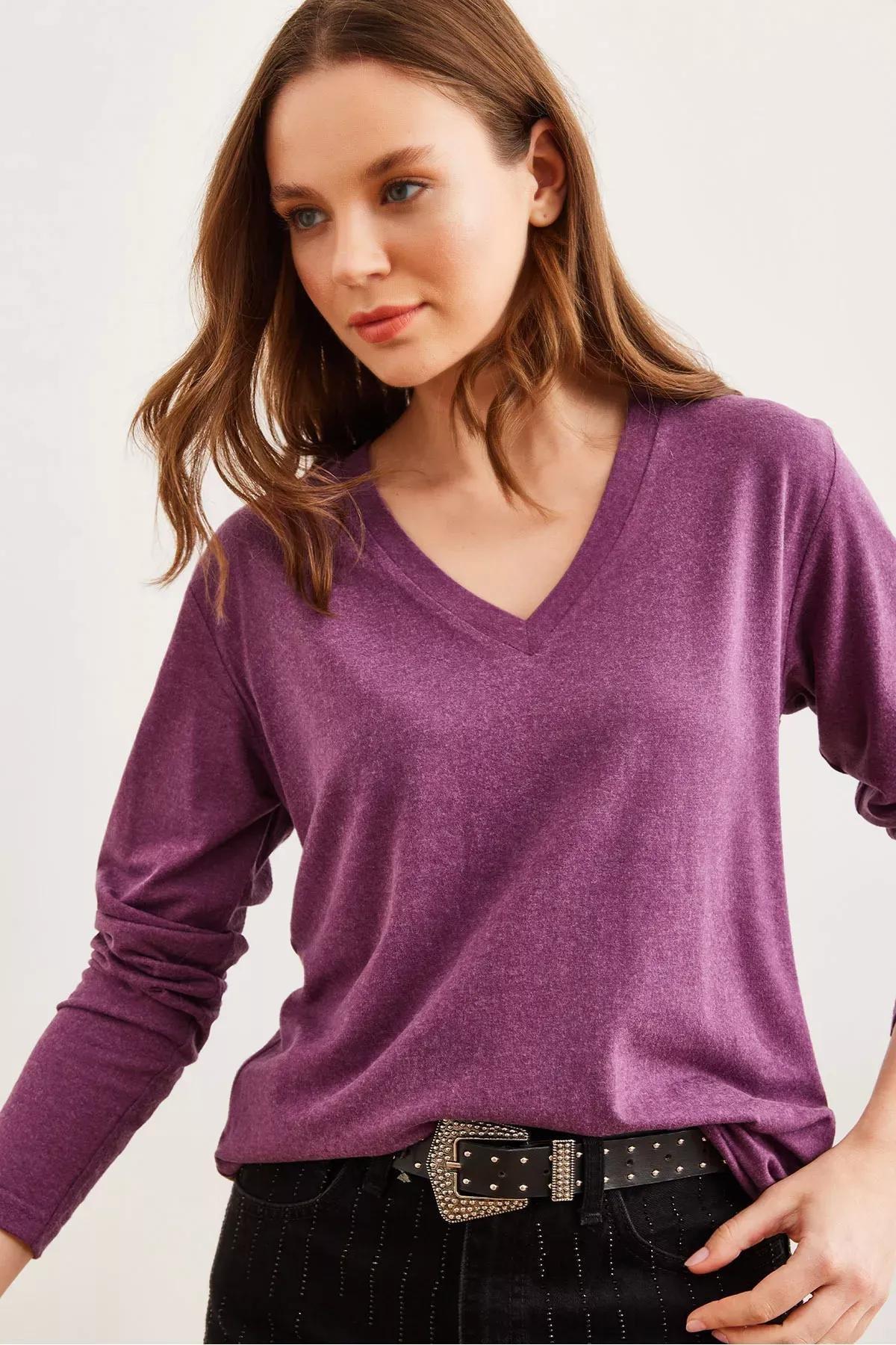 Purple  V-Neck Wool Blouse, C101_5655, large image number 0