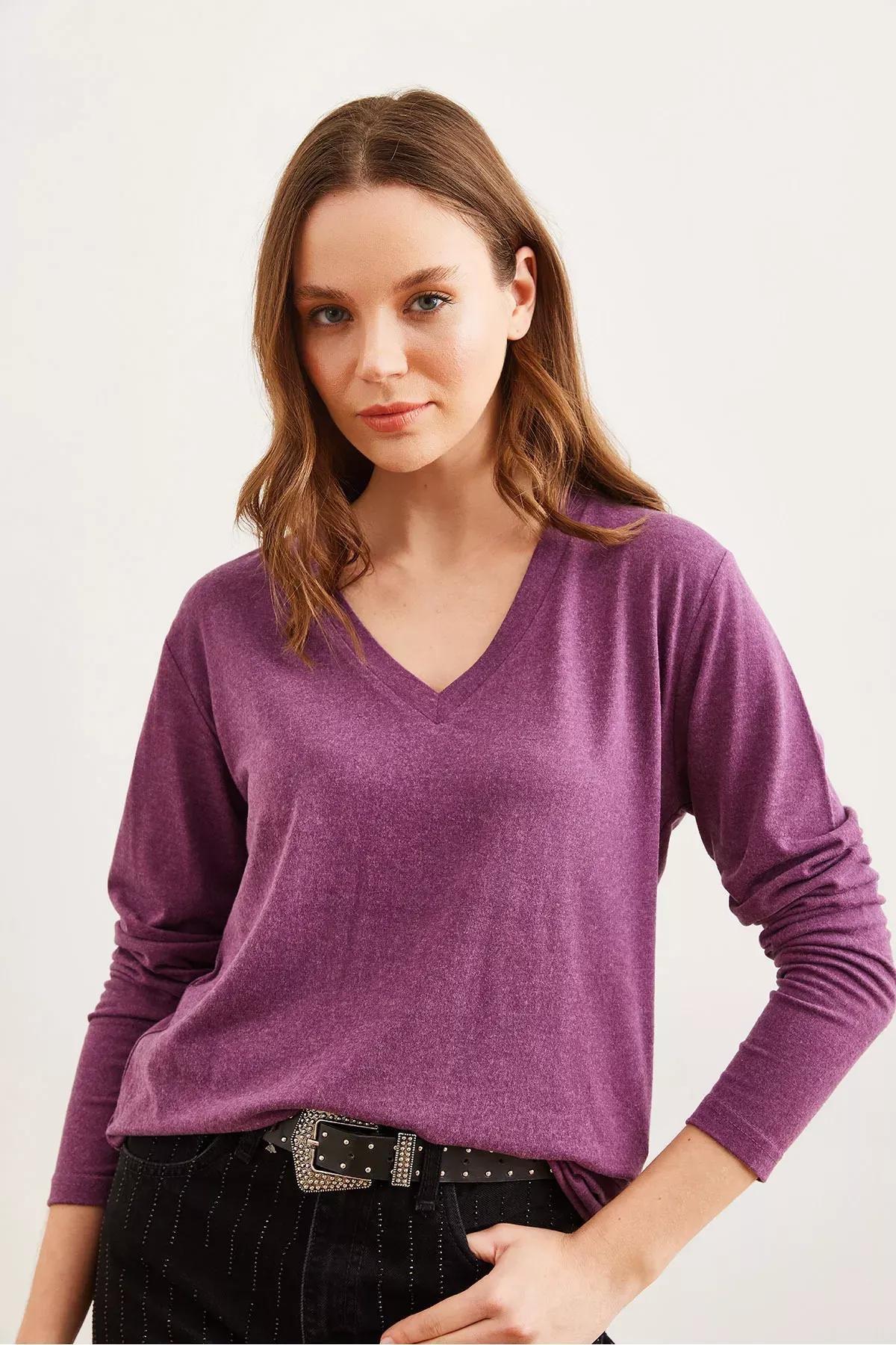 Purple  V-Neck Wool Blouse, C101_5655, large image number 2