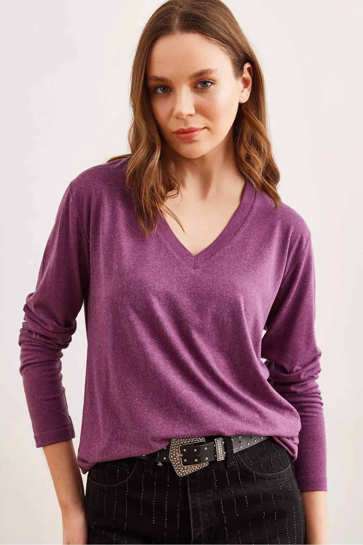 Purple  V-Neck Wool Blouse, C101_5655, large image number 3