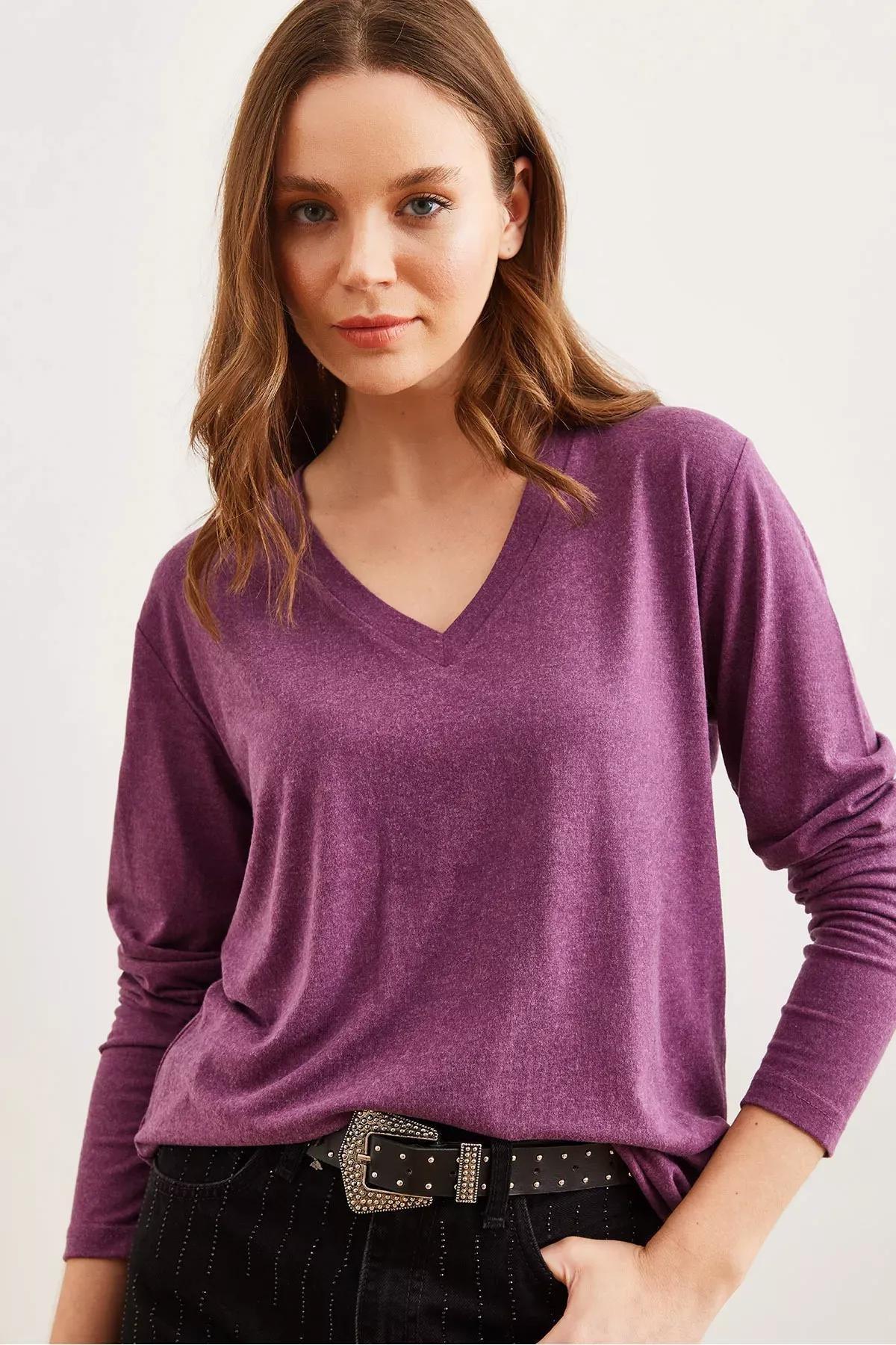 Purple  V-Neck Wool Blouse, C101_5655, large image number 4