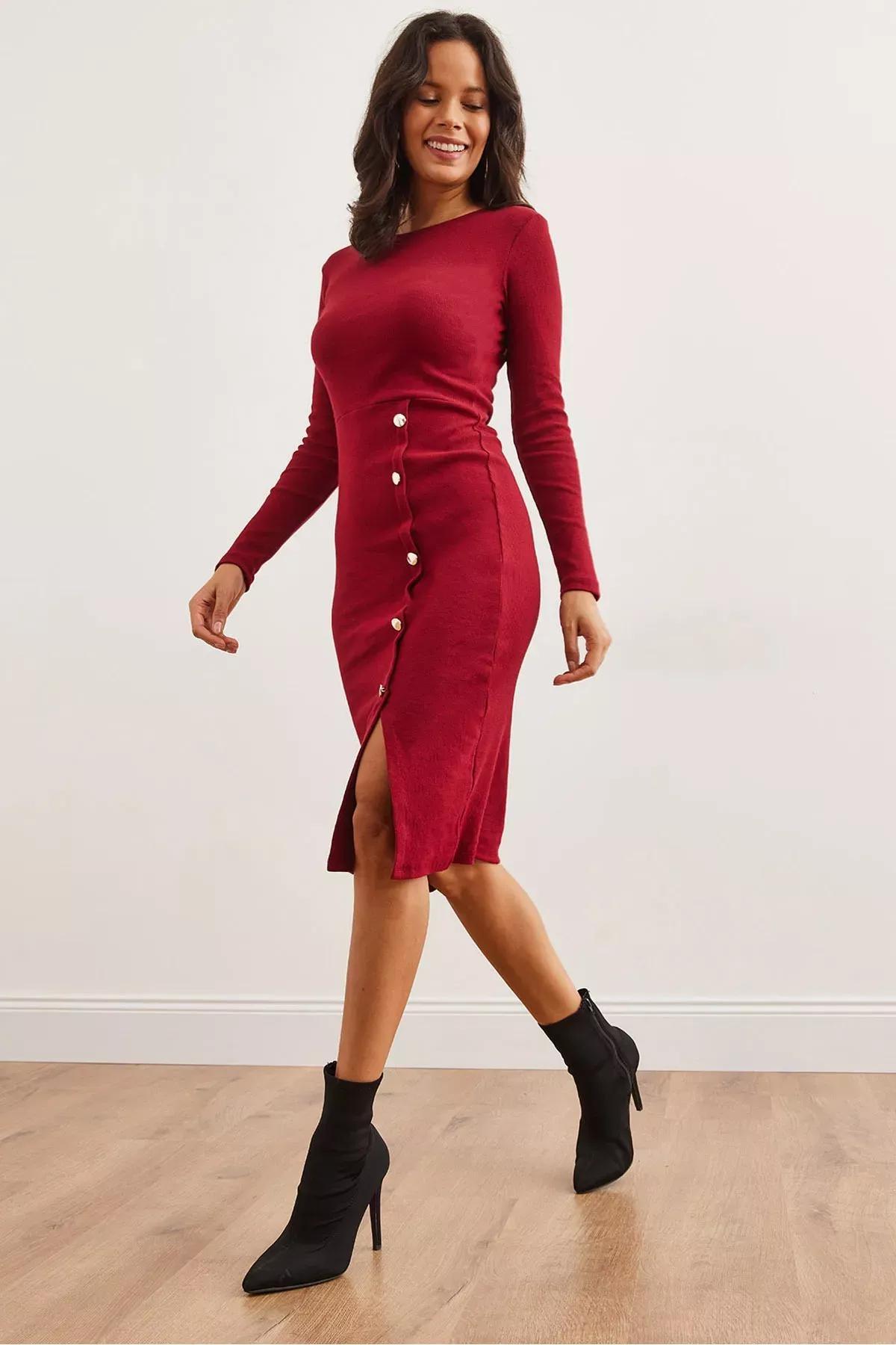 Burgundy Slit Midi Dress, Burgundy, large image number 0