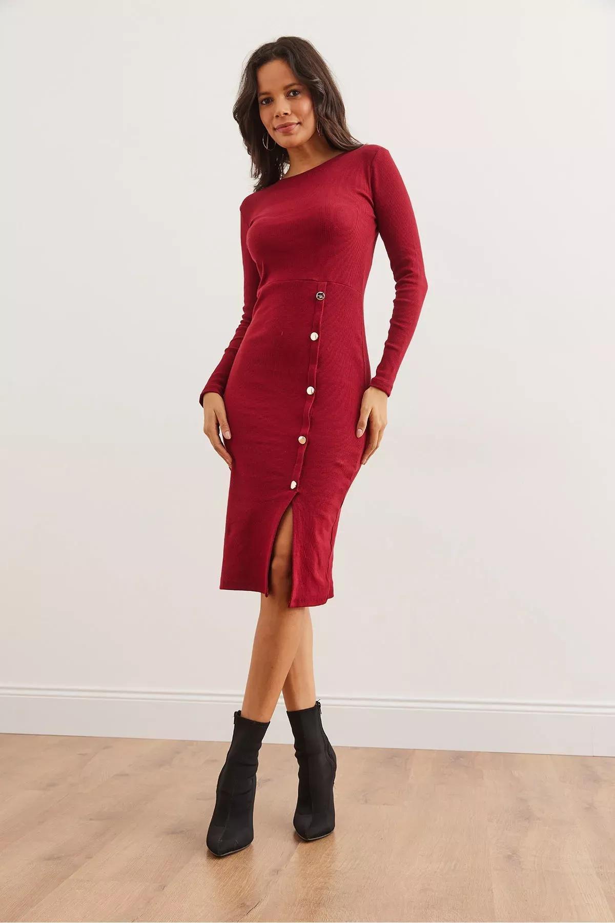 Burgundy Slit Midi Dress, Burgundy, large image number 1