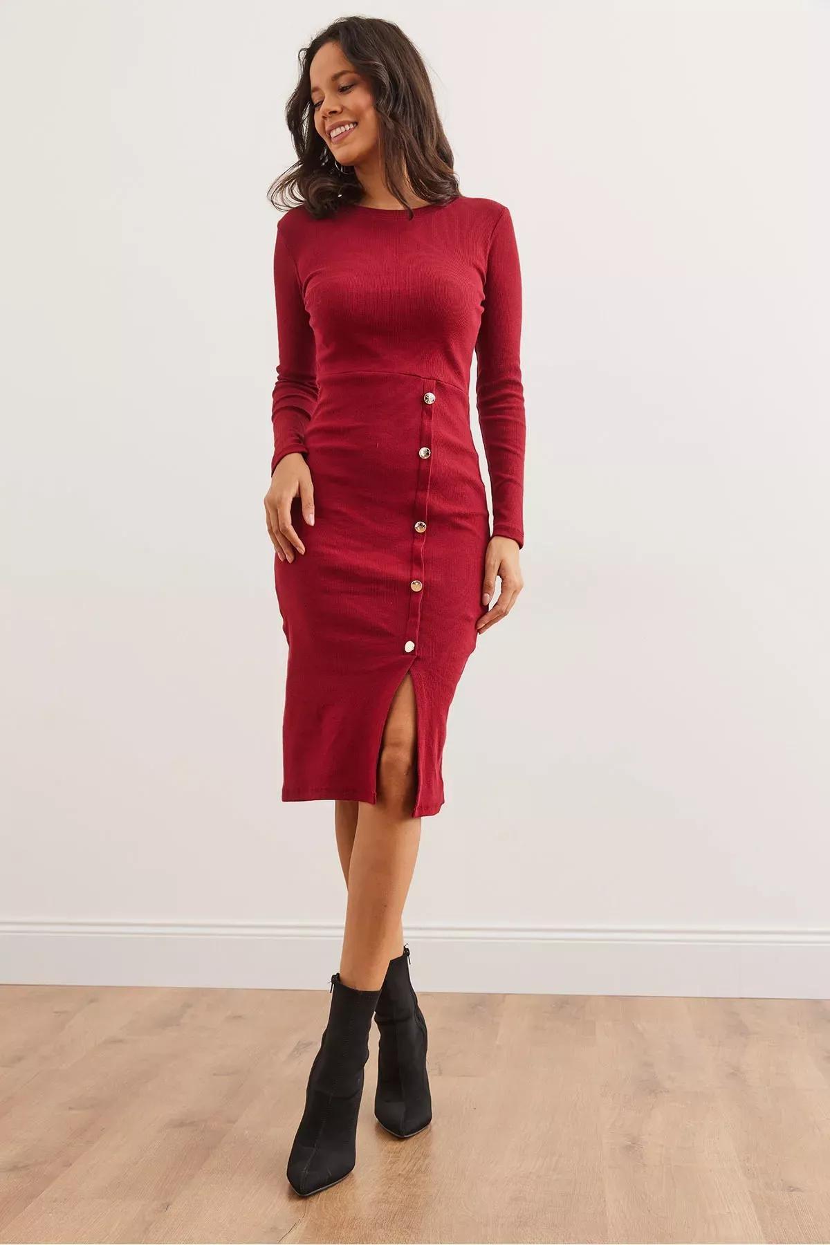 Burgundy Slit Midi Dress, Burgundy, large image number 3
