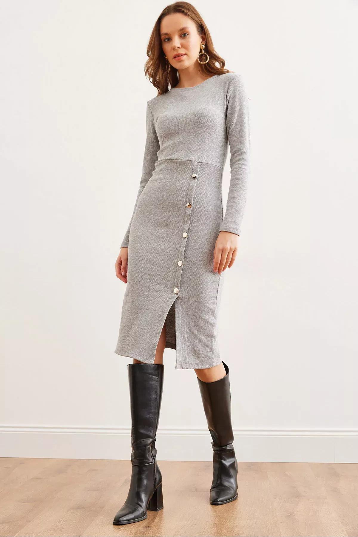 Grey Slit Midi Dress, Grey, large image number 0