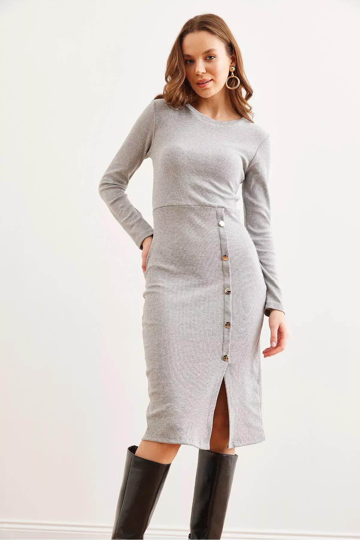 Grey Slit Midi Dress, Grey, large image number 1