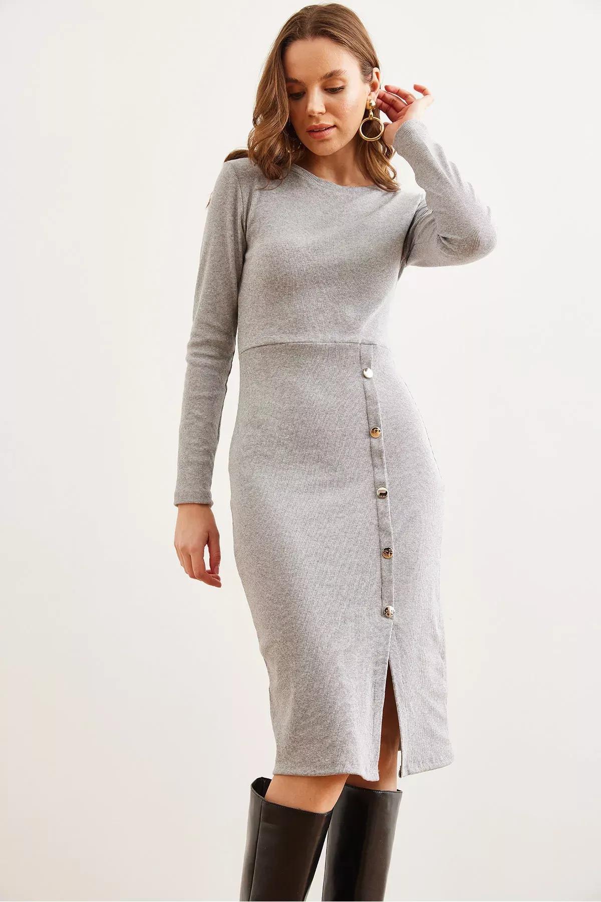 Grey Slit Midi Dress, Grey, large image number 2
