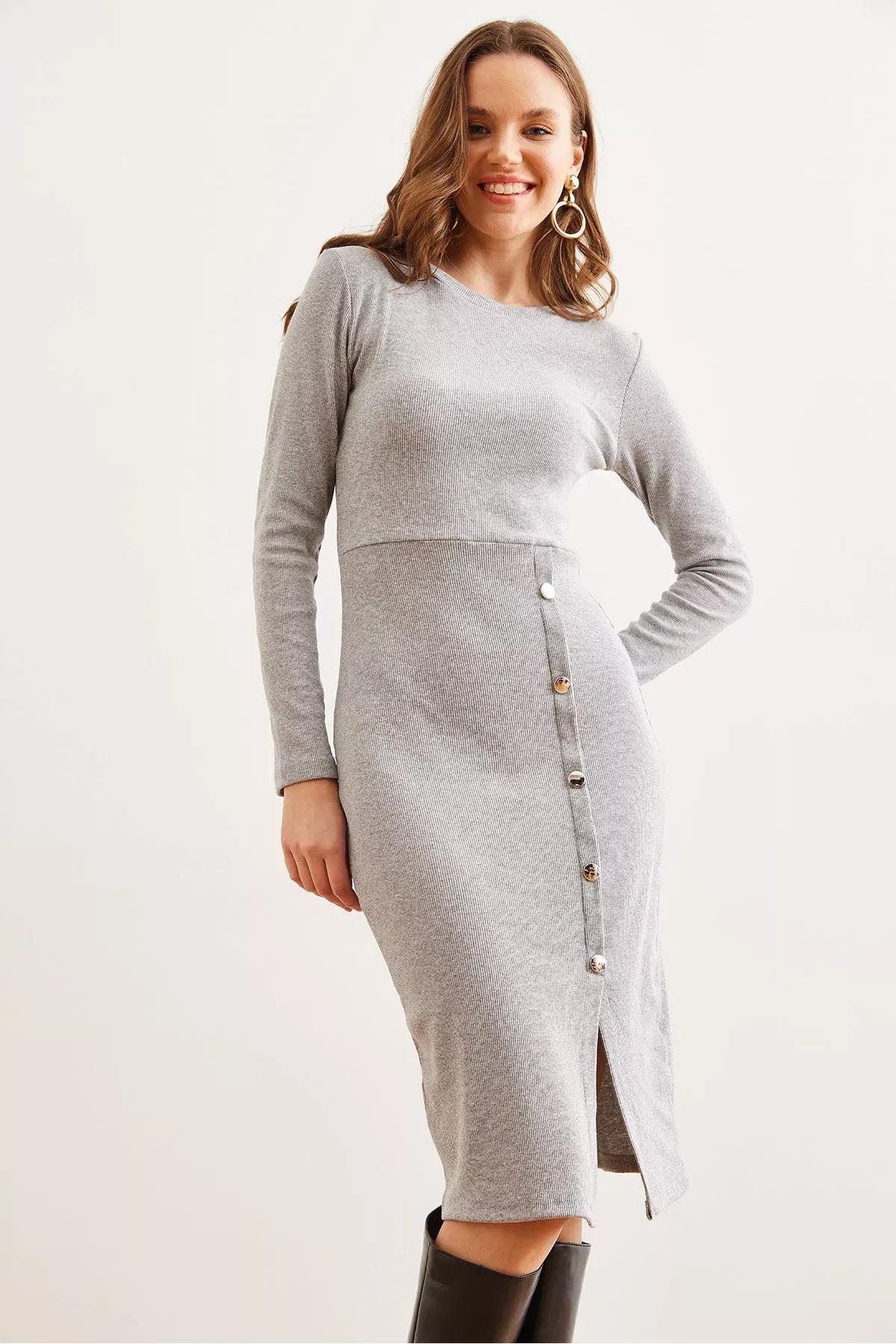Grey Slit Midi Dress, Grey, large image number 3