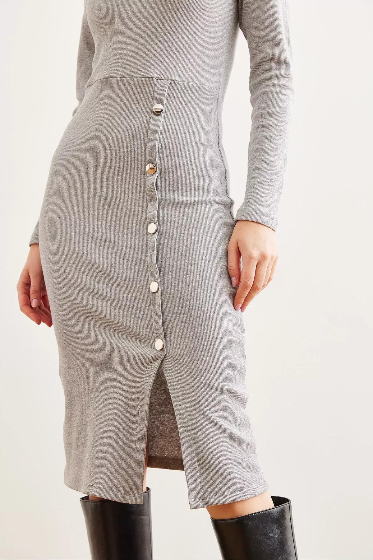 Grey Slit Midi Dress, Grey, large image number 4