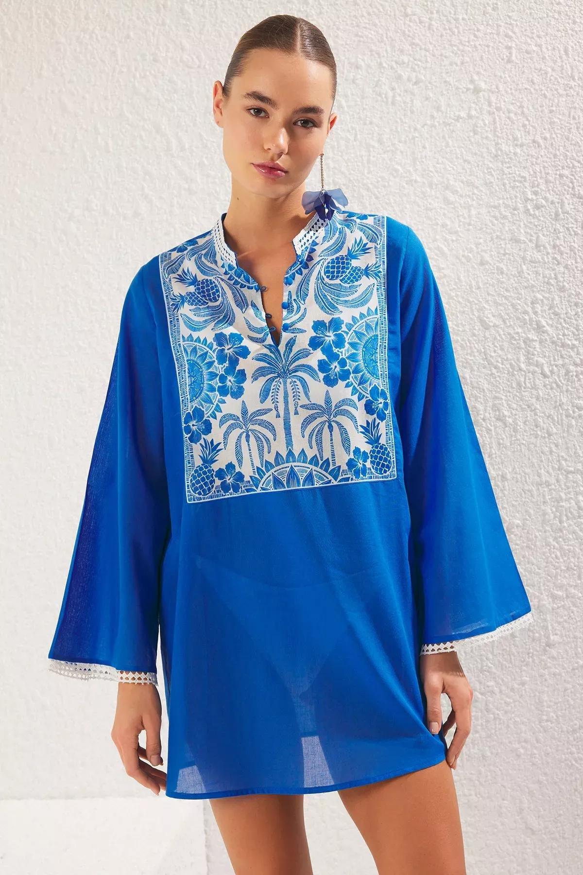 Blue Tropical Patterned Mini Dress, , large image number 0