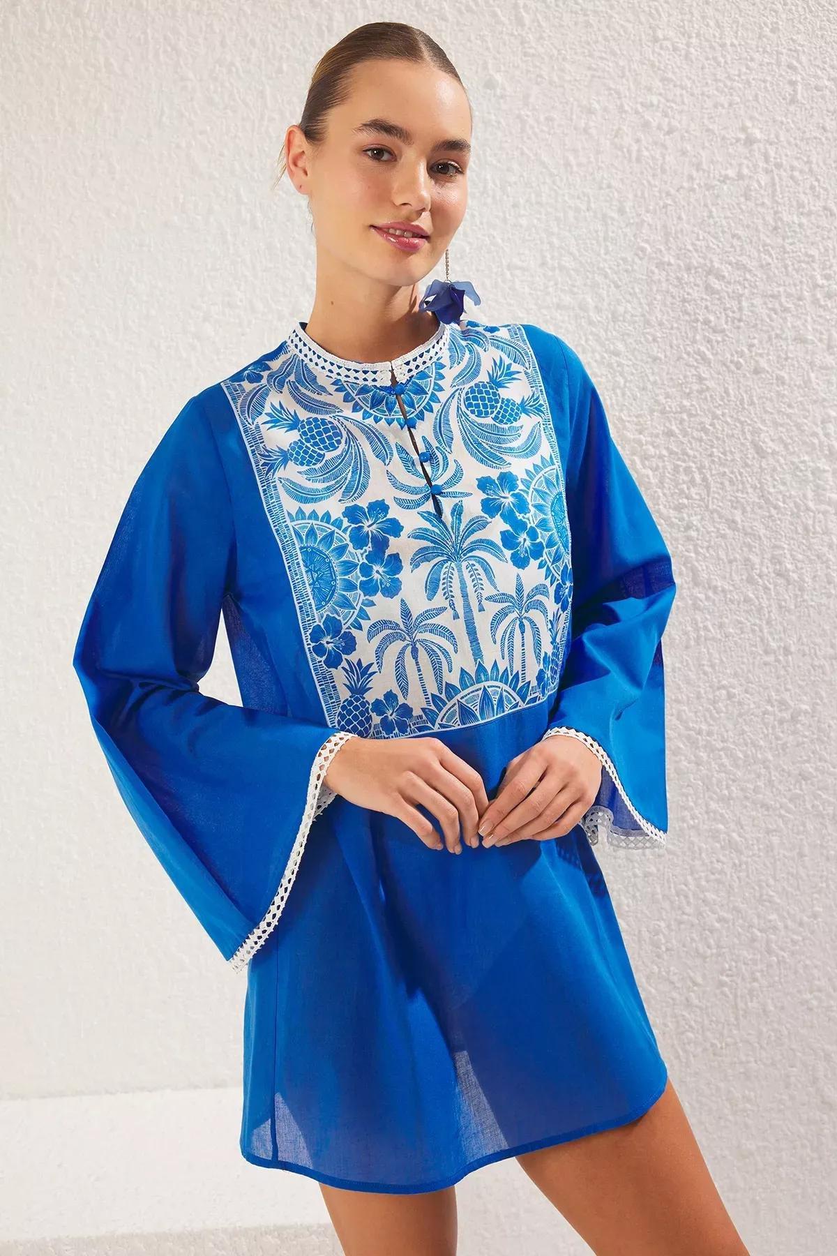 Blue Tropical Patterned Mini Dress, , large image number 1