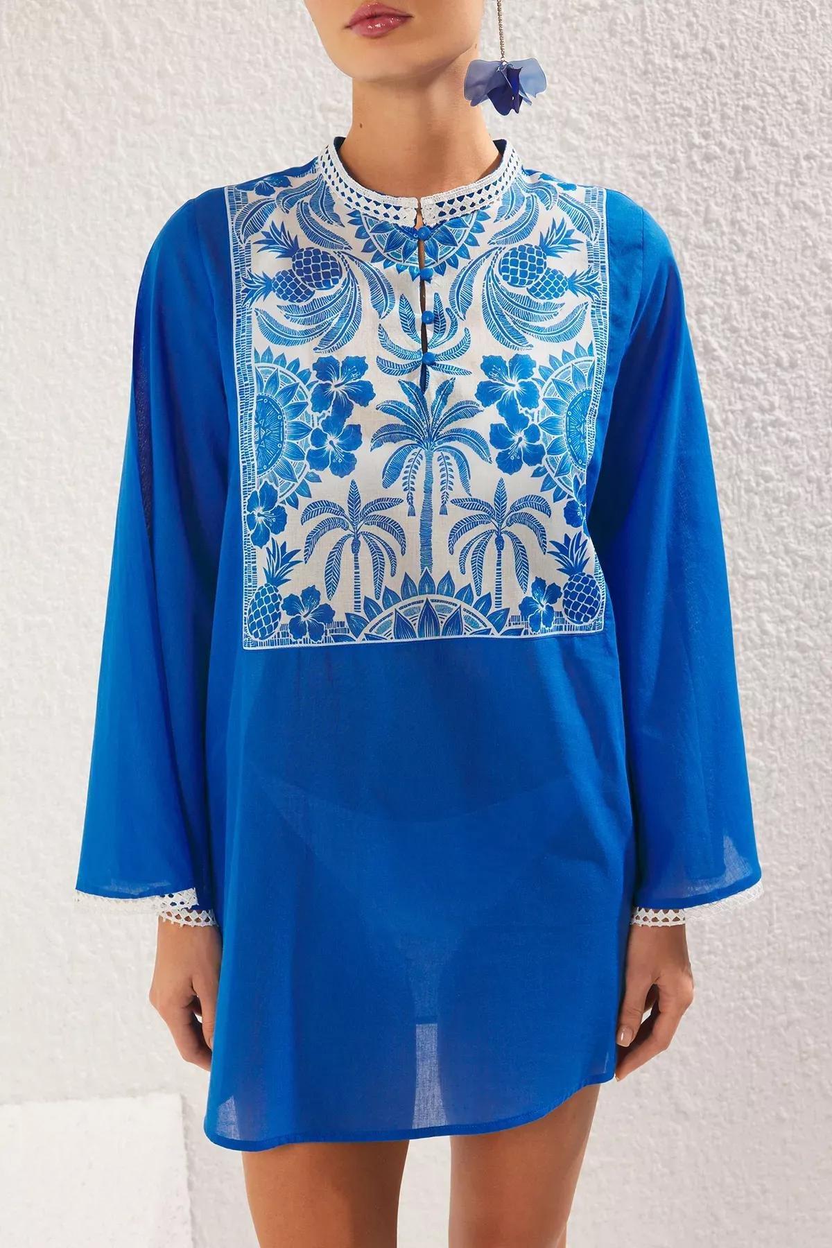 Blue Tropical Patterned Mini Dress, , large image number 2