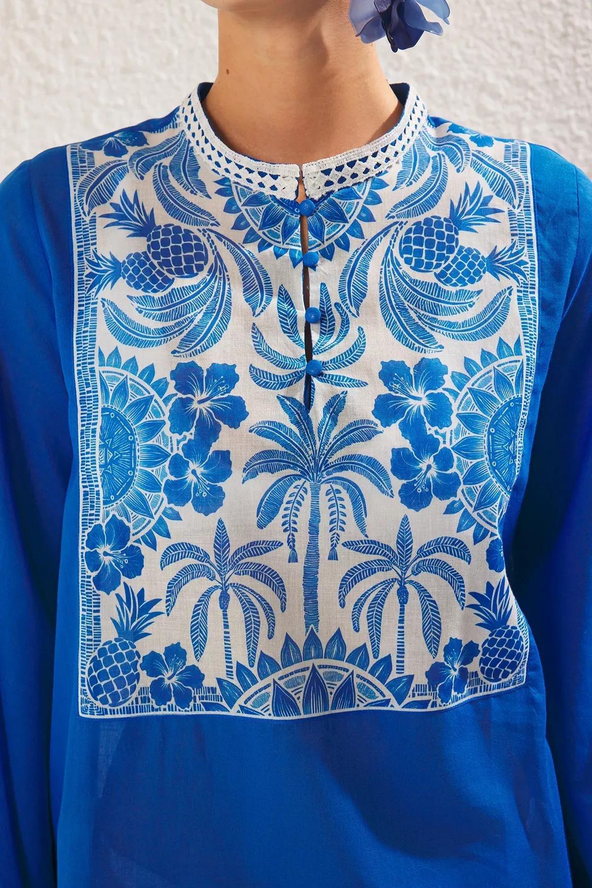 Blue Tropical Patterned Mini Dress, , large image number 3