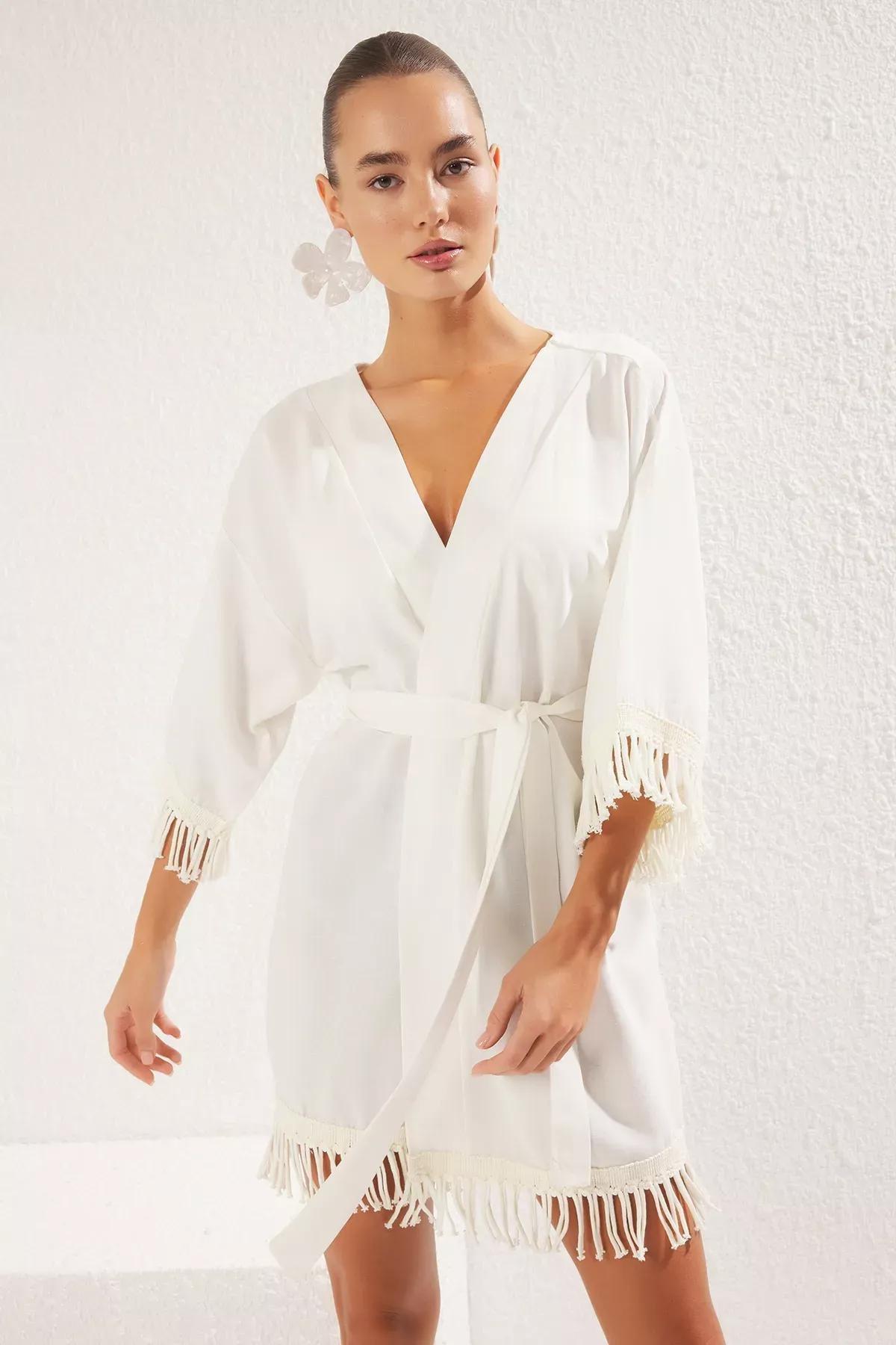 Beige Mini Tasseled Beach Kimono, C101_1635, large image number 1