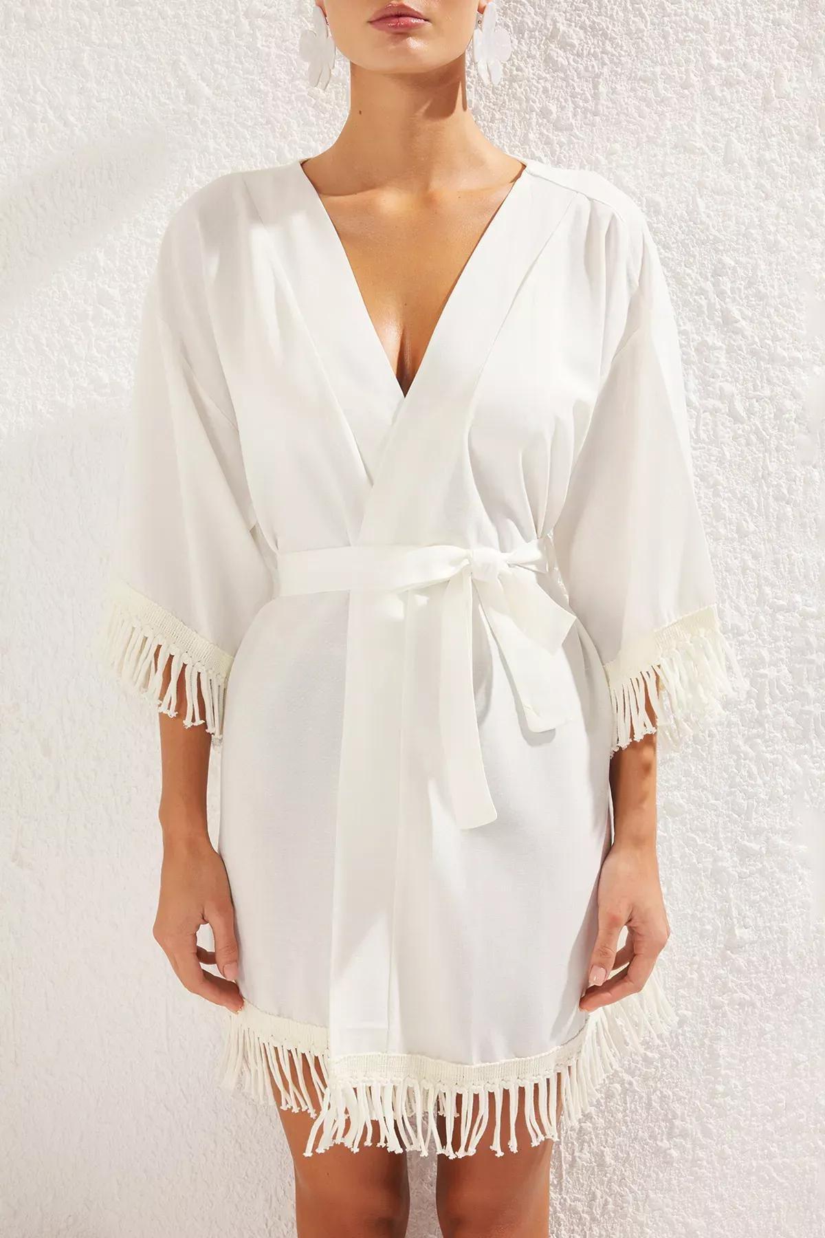 Beige Mini Tasseled Beach Kimono, C101_1635, large image number 2