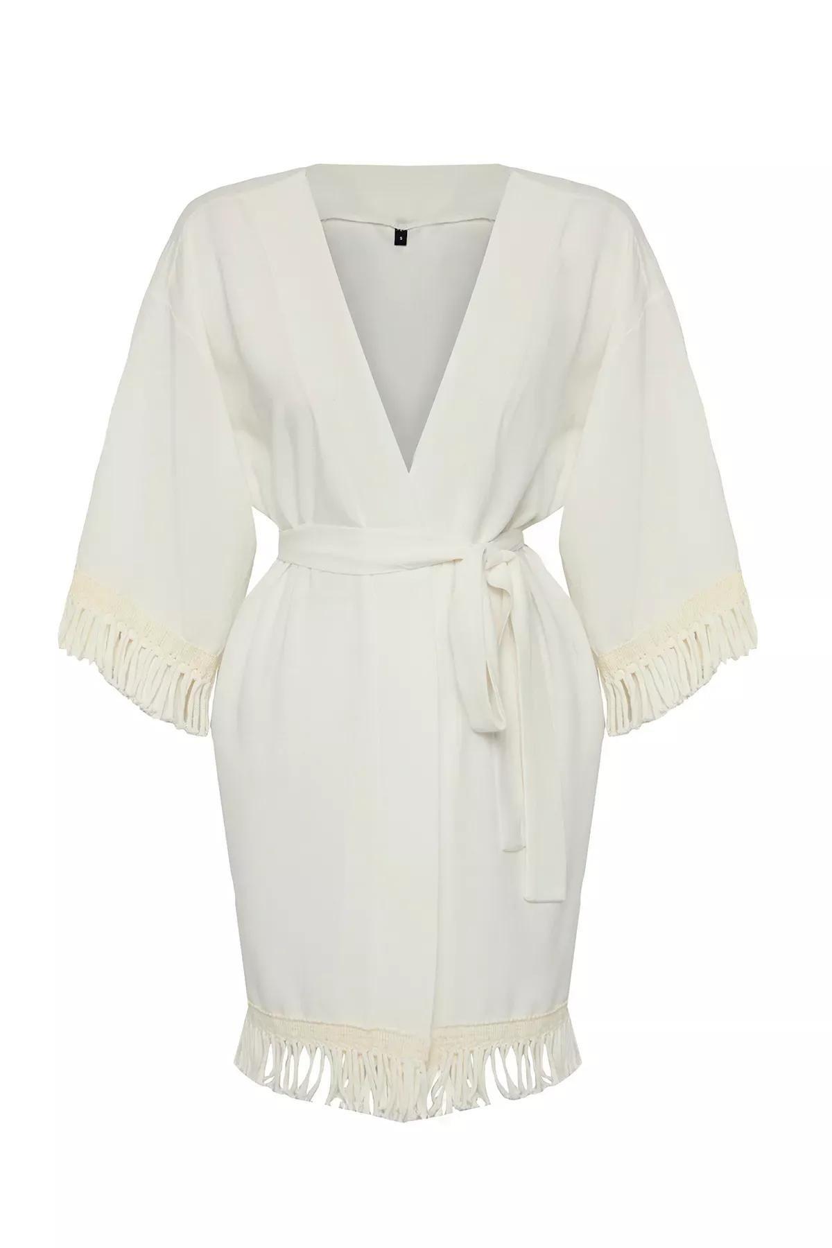 Beige Mini Tasseled Beach Kimono, C101_1635, large image number 4