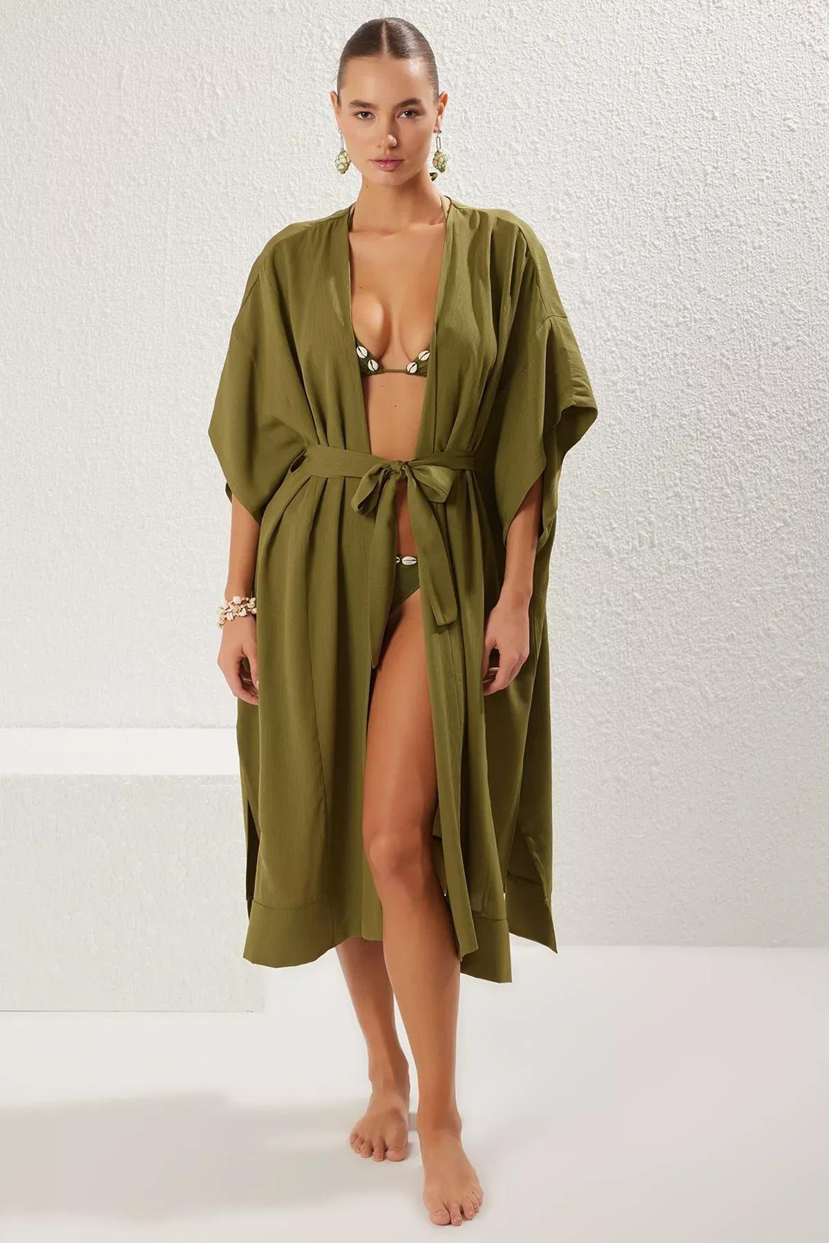Green Maxi Belted Slit Beach Kimono, C101_7437, large image number 1