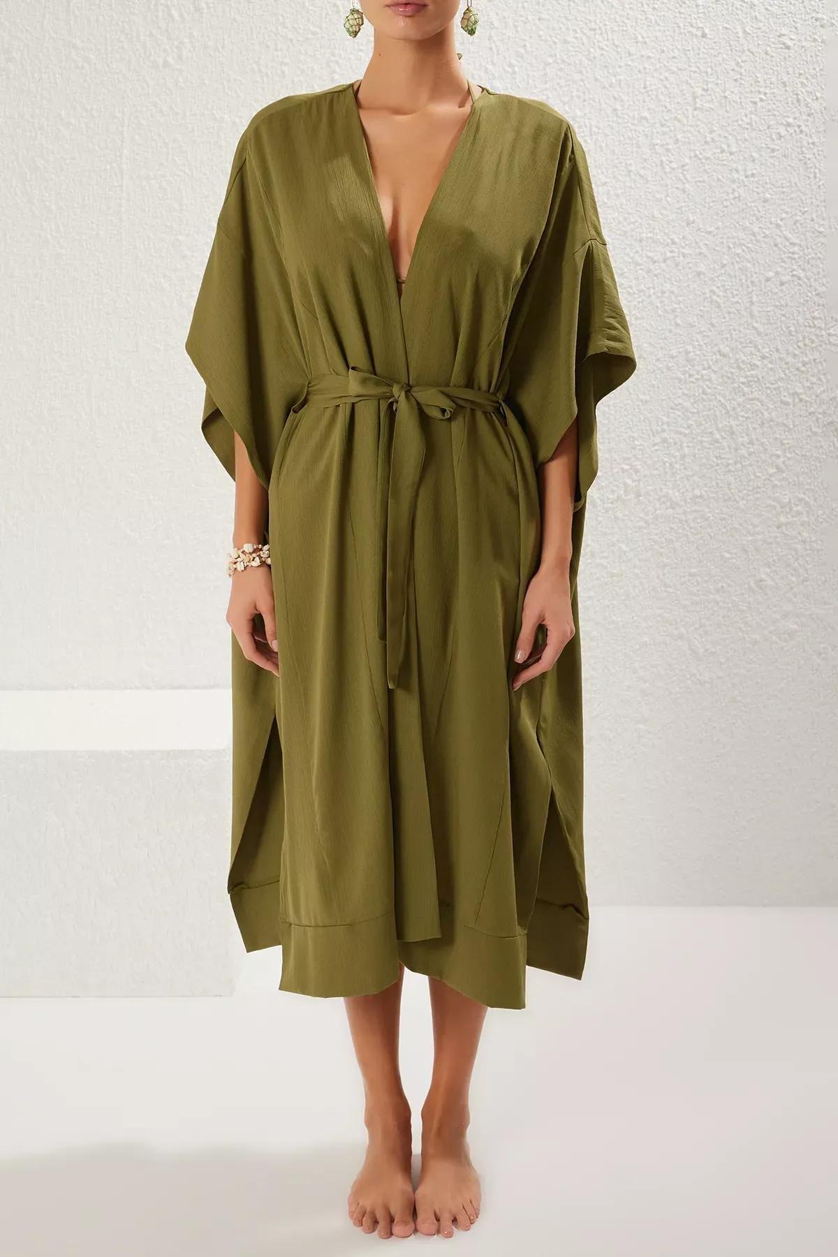 Green Maxi Belted Slit Beach Kimono, C101_7437, large image number 2