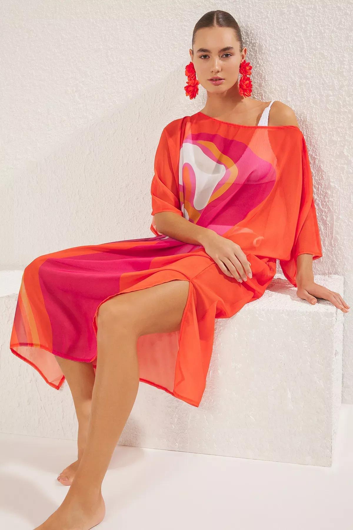 Orange Patterned Maxi Chiffon Dress, Very colorful, large image number 0