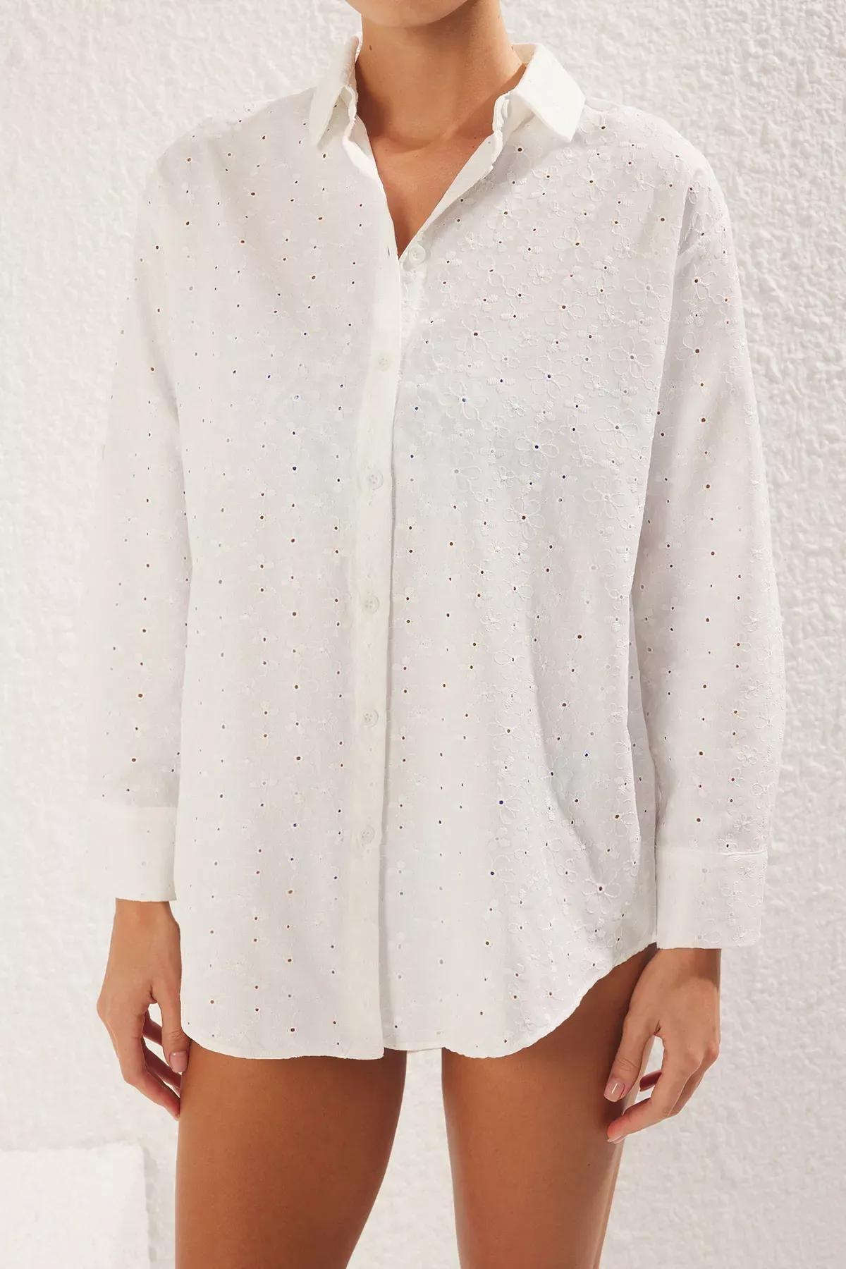 White Woven Brode Beach Shirt, , large image number 2