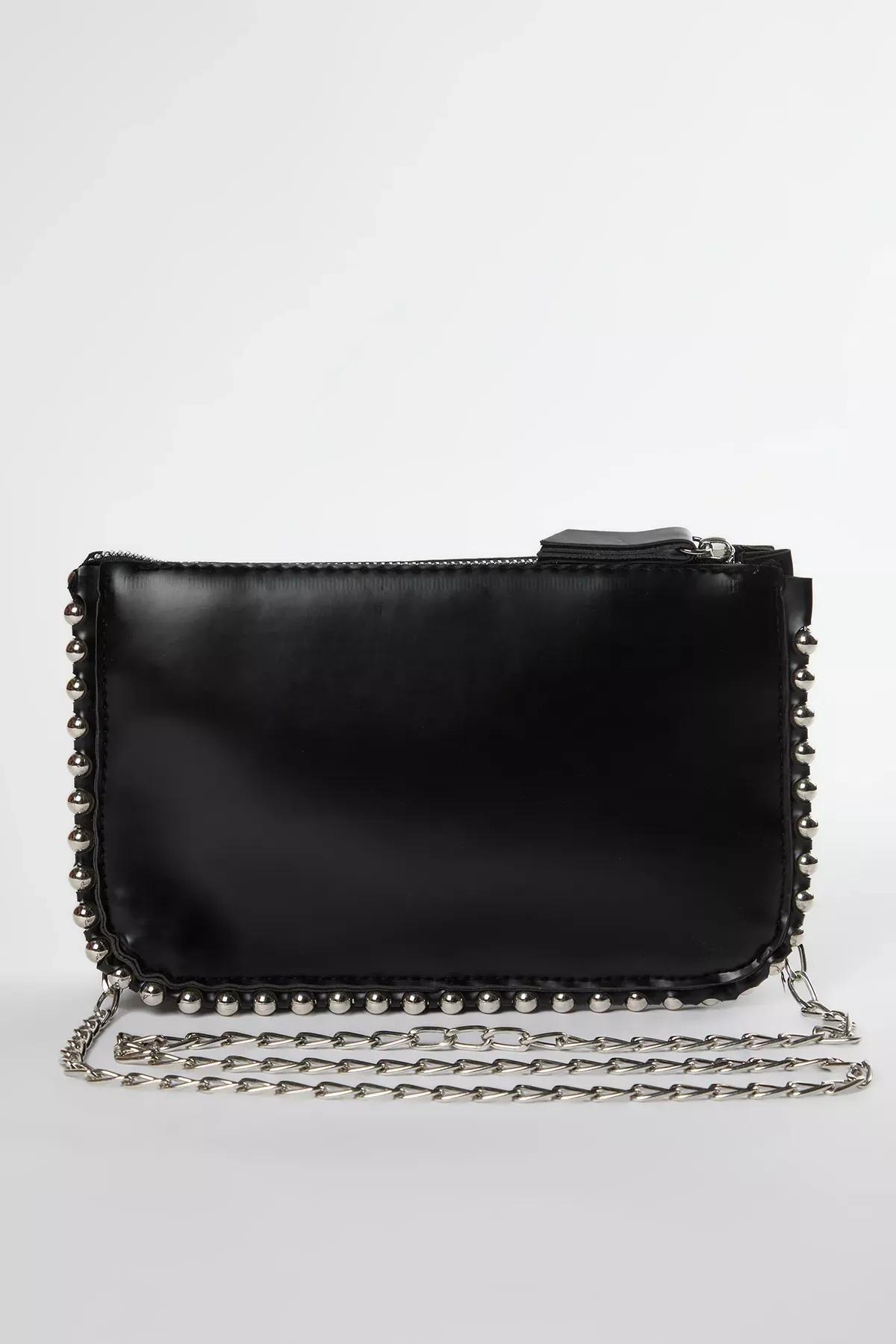 Black Studded Crossbody Wallet Bag, BLACK, large image number 2