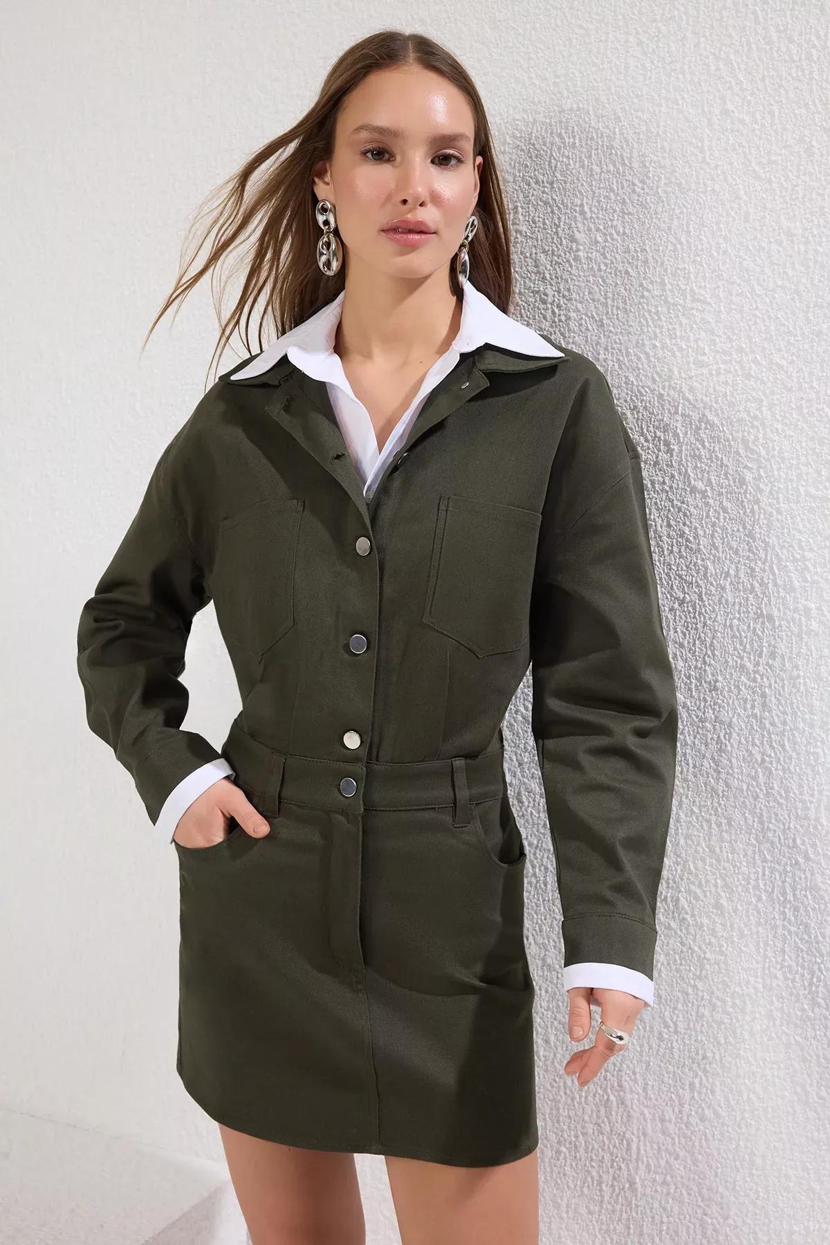 Green Plain Mini Woven Dress, Emerald, large image number 1