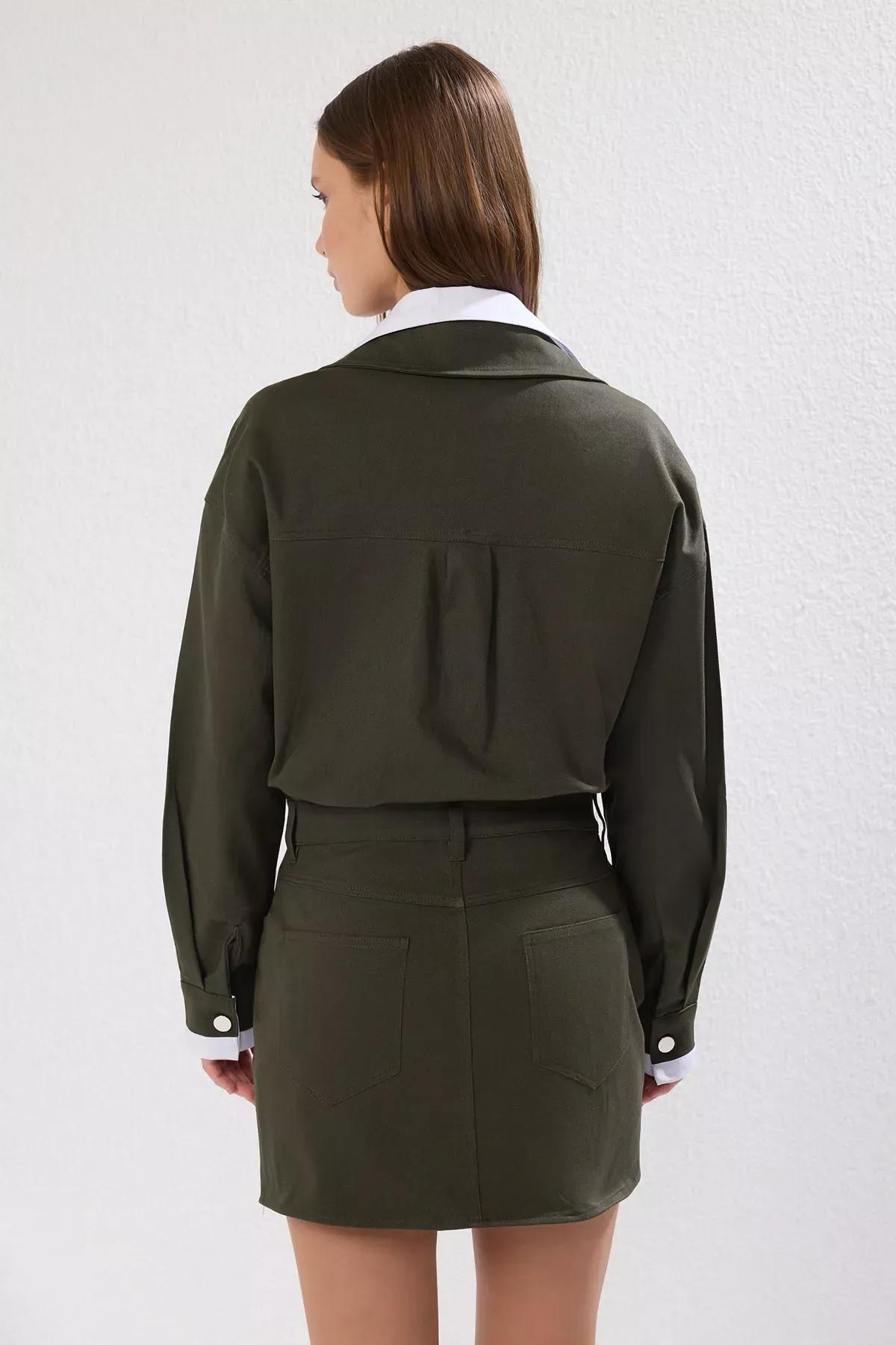 Green Plain Mini Woven Dress, Emerald, large image number 3