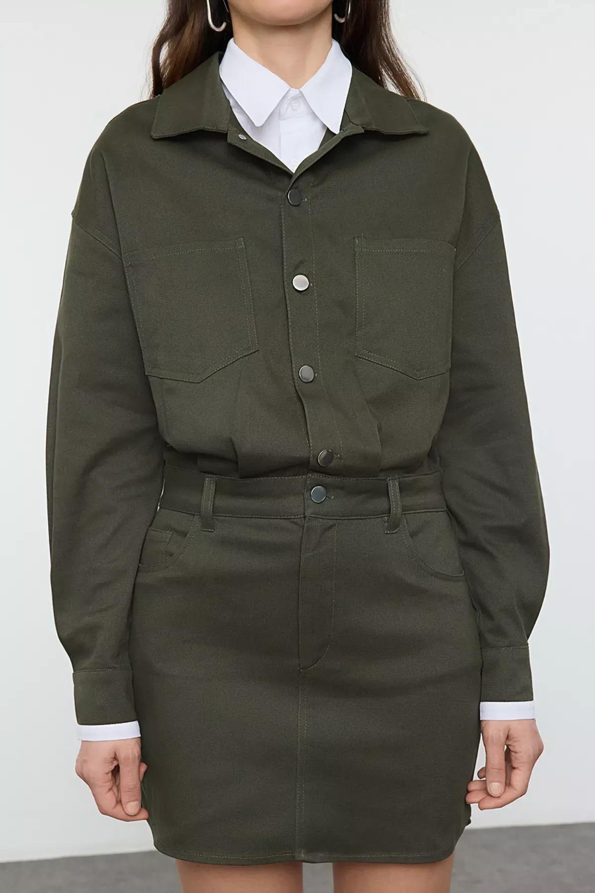 Green Plain Mini Woven Dress, Emerald, large image number 5