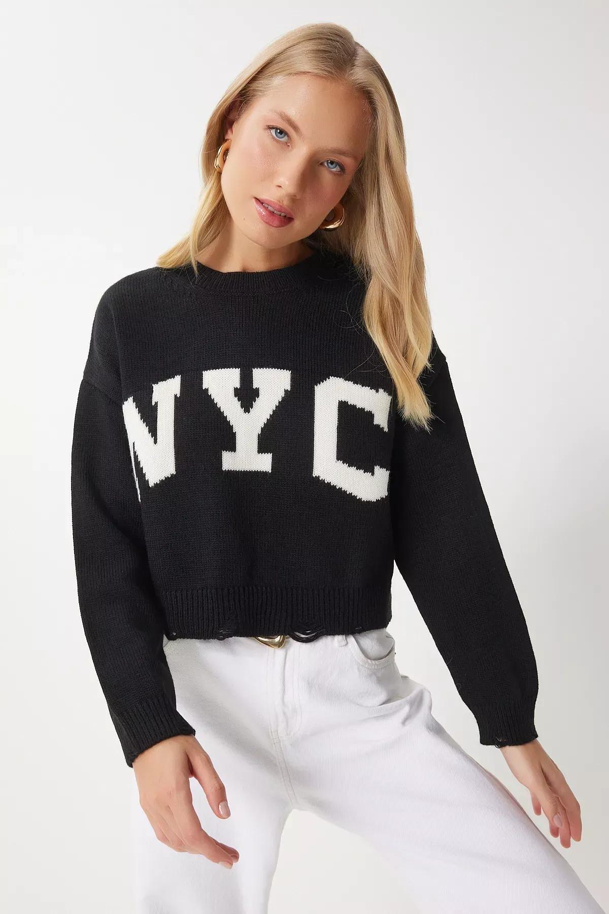 Black Ripped Detailed Knitted Sweater, BLACK, large image number 0