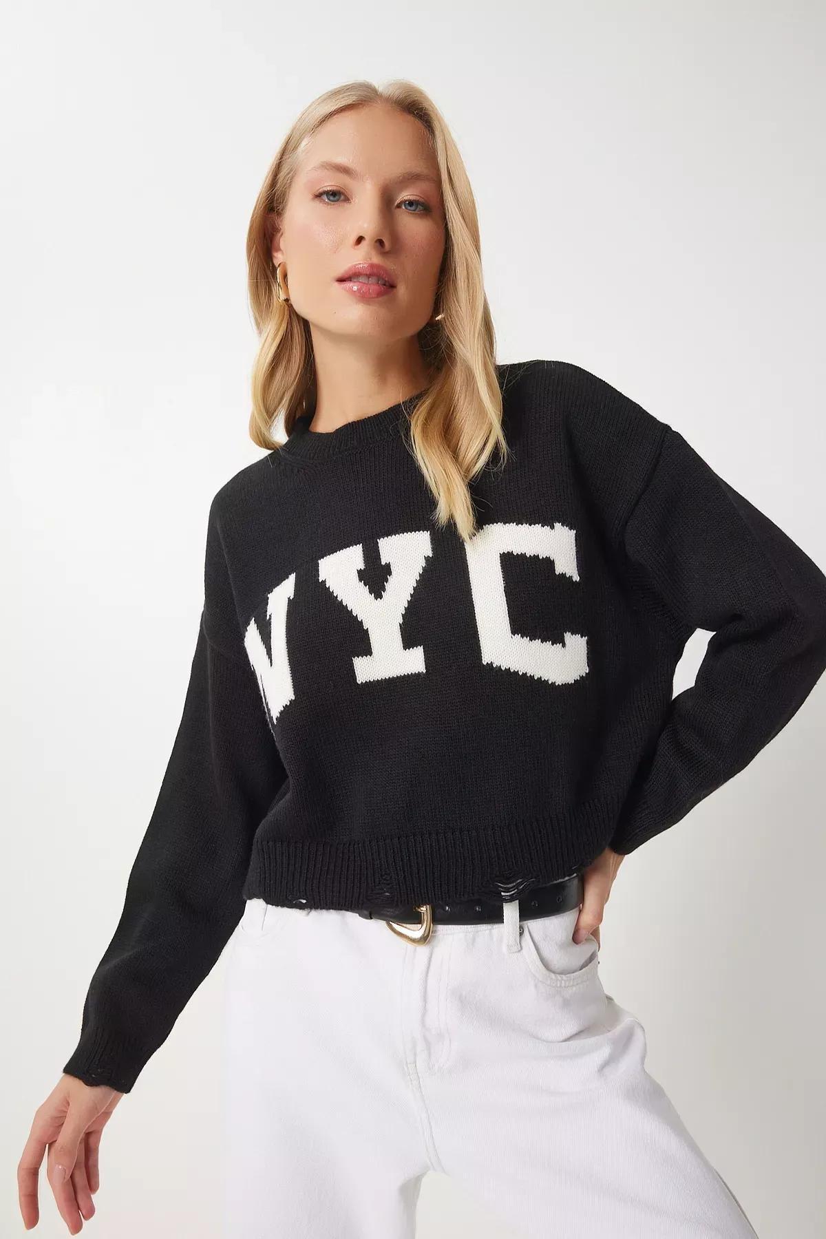 Black Ripped Detailed Knitted Sweater, BLACK, large image number 1