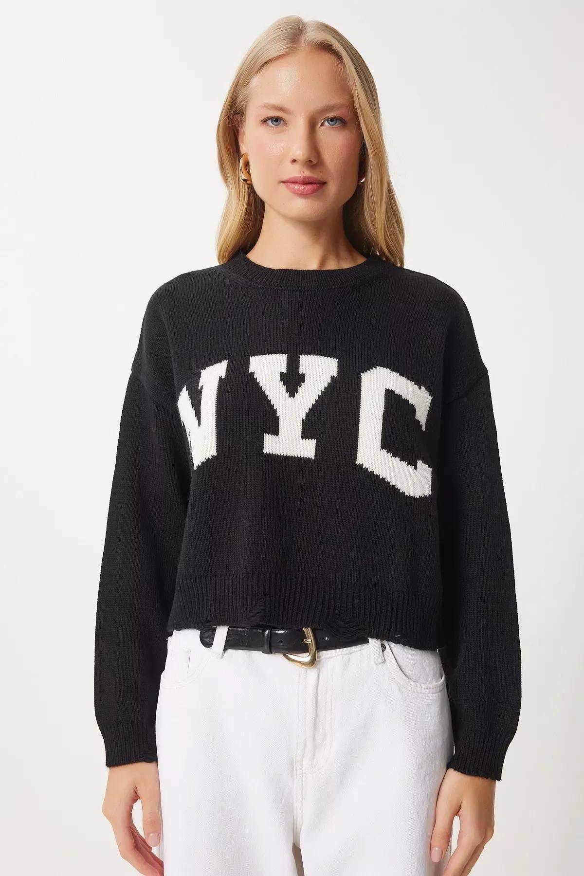 Black Ripped Detailed Knitted Sweater, BLACK, large image number 2