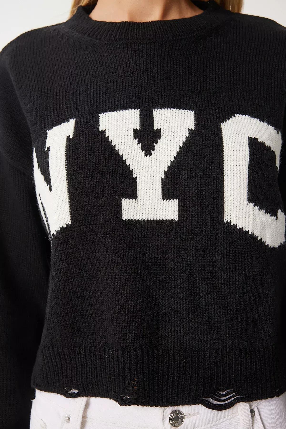 Black Ripped Detailed Knitted Sweater, BLACK, large image number 3