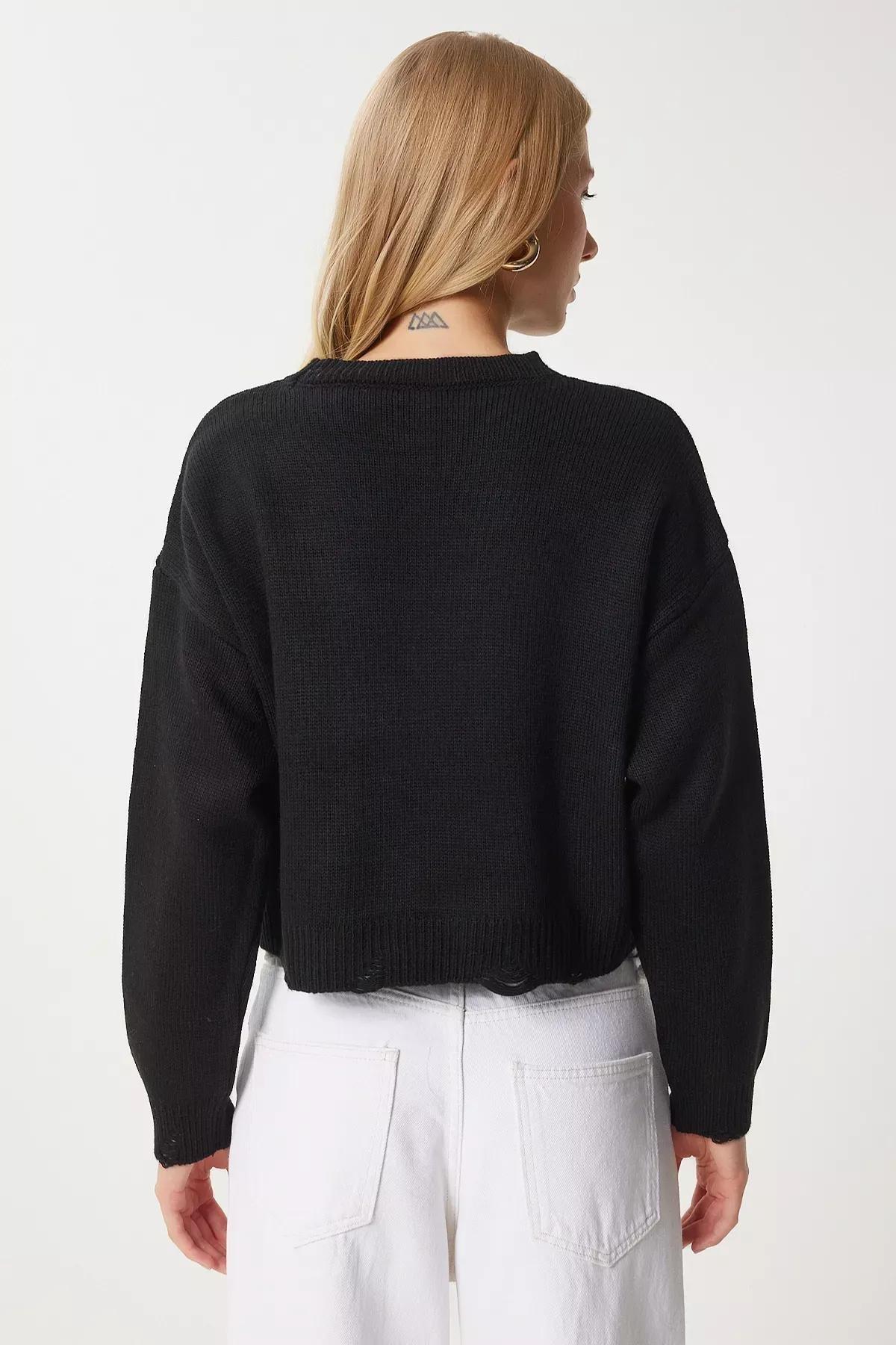 Black Ripped Detailed Knitted Sweater, BLACK, large image number 4