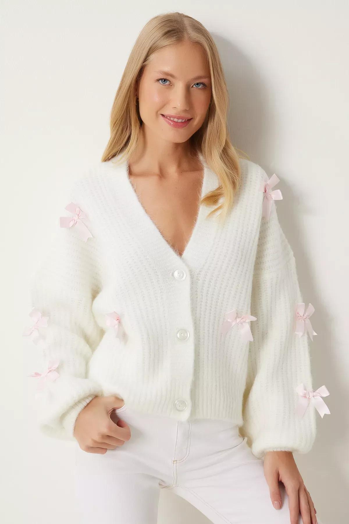 Beige Bow Knit Cardigan, Ecru, large image number 1