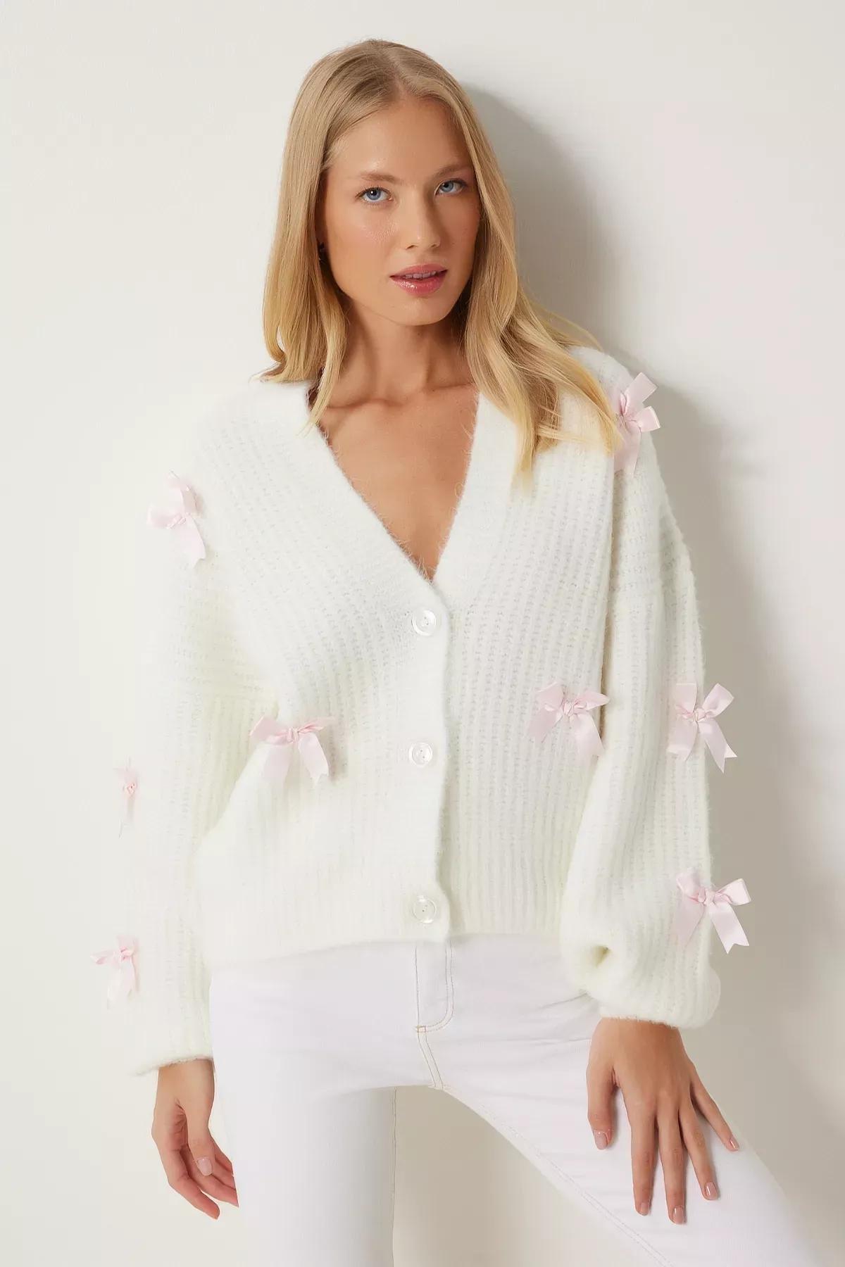 Beige Bow Knit Cardigan, Ecru, large image number 2