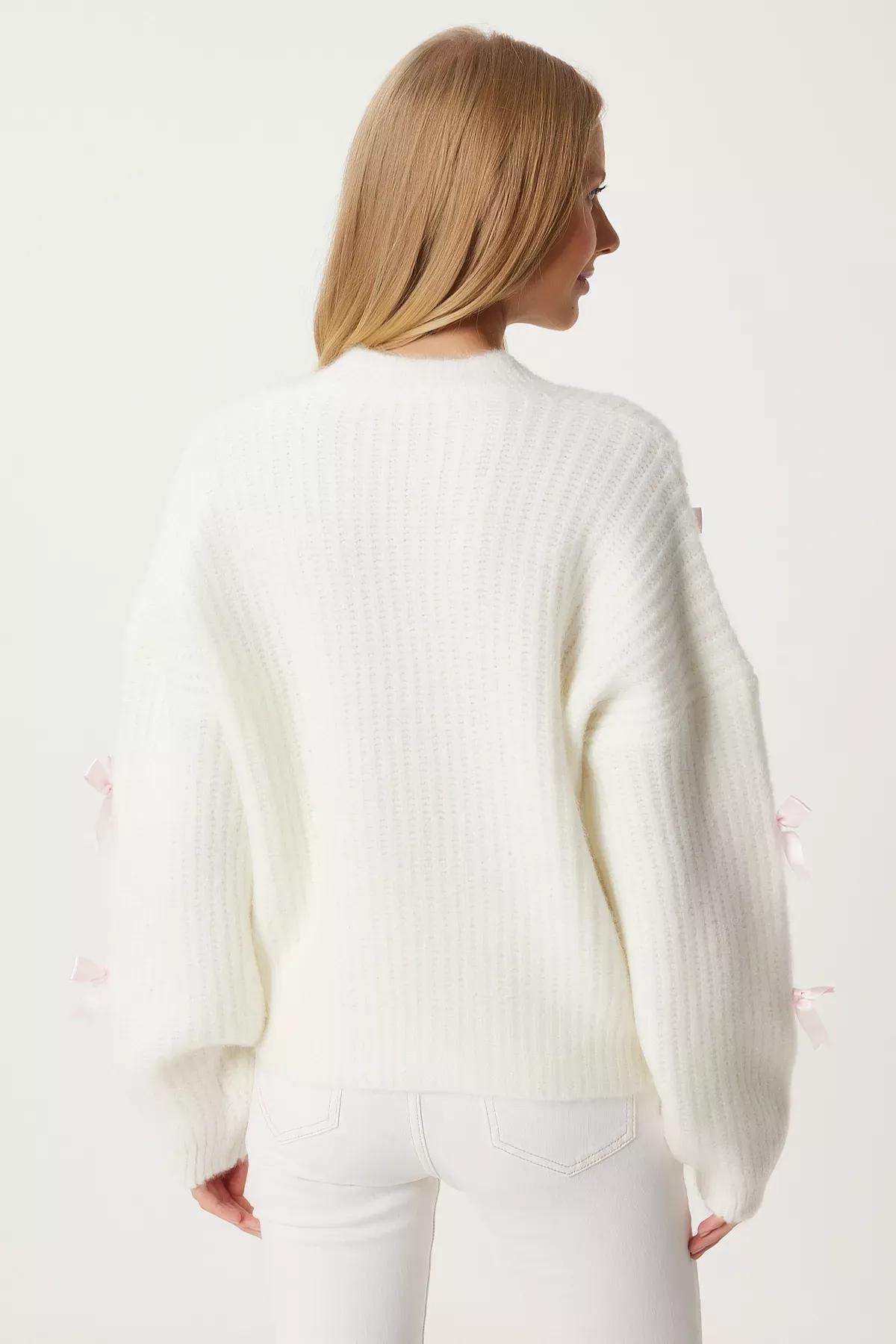 Beige Bow Knit Cardigan, Ecru, large image number 4
