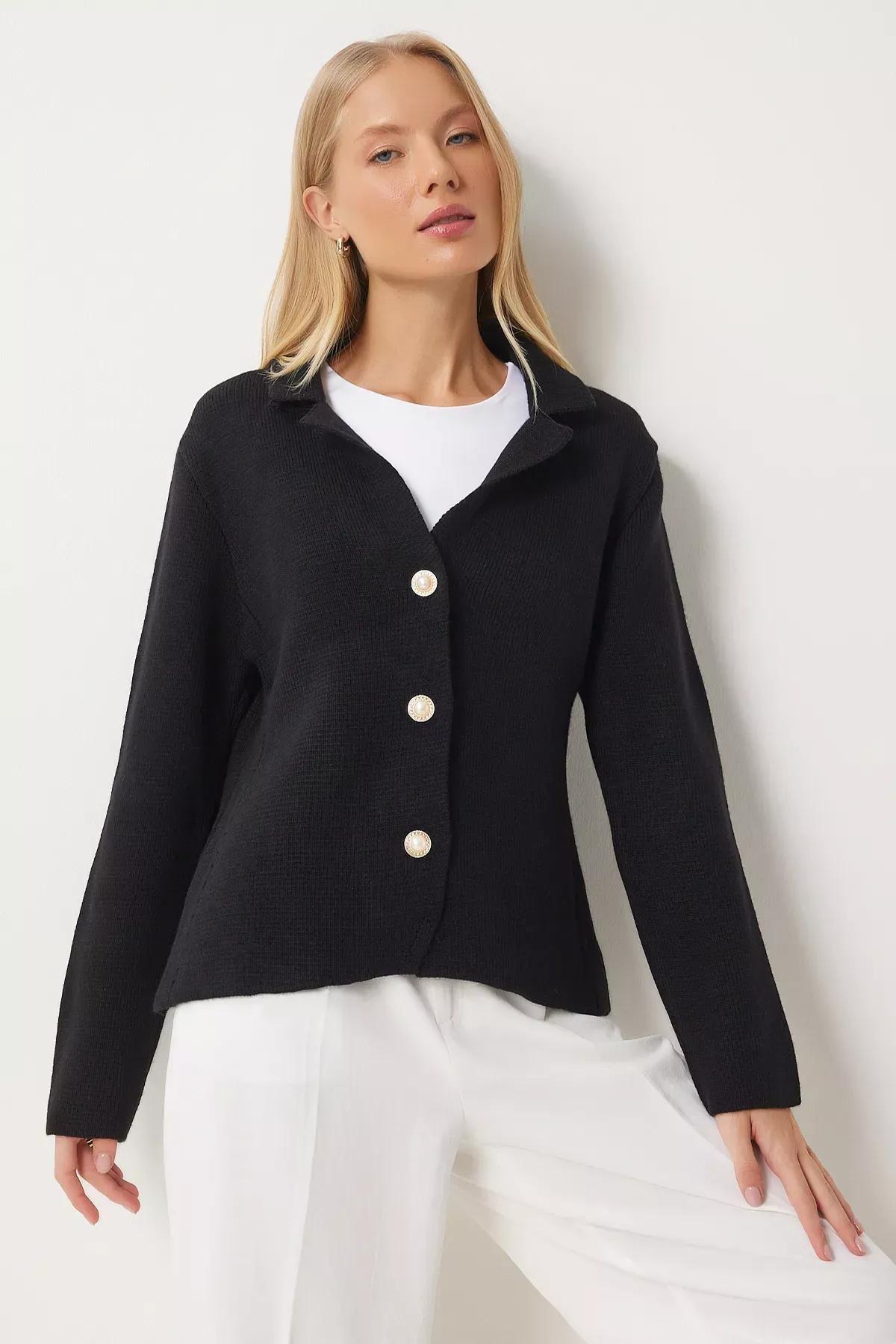 Black Pearl Button Knitwear Cardigan Jacket, BLACK, large image number 0