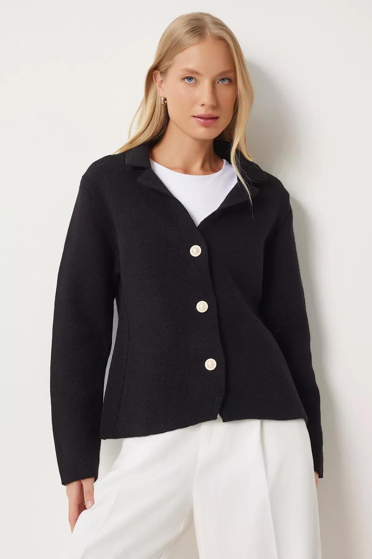 Black Pearl Button Knitwear Cardigan Jacket, BLACK, large image number 1
