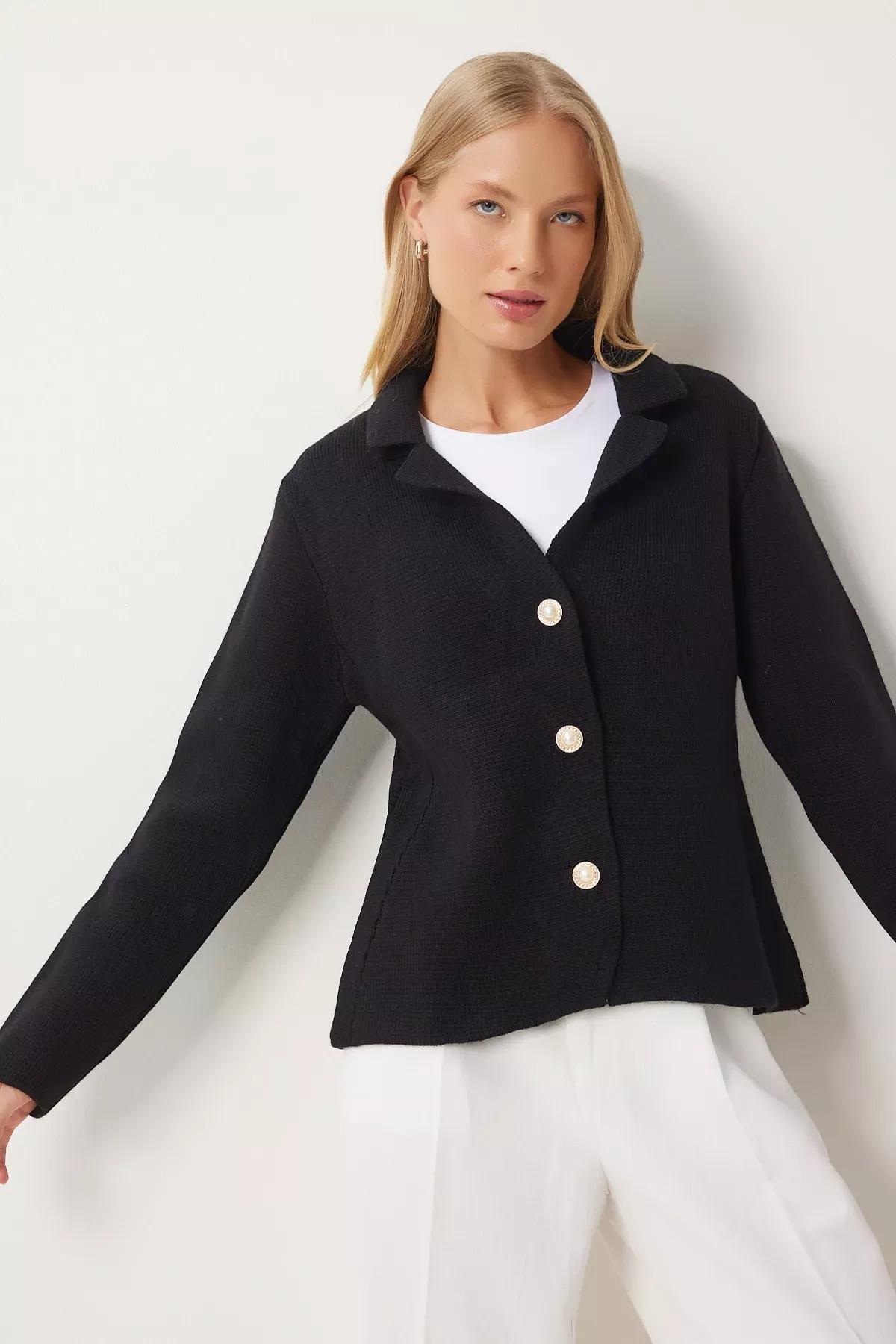 Black Pearl Button Knitwear Cardigan Jacket, BLACK, large image number 2