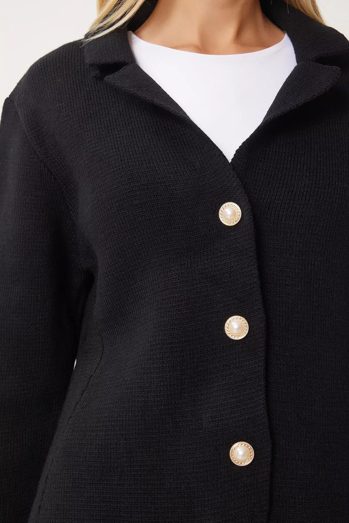 Black Pearl Button Knitwear Cardigan Jacket, BLACK, large image number 3