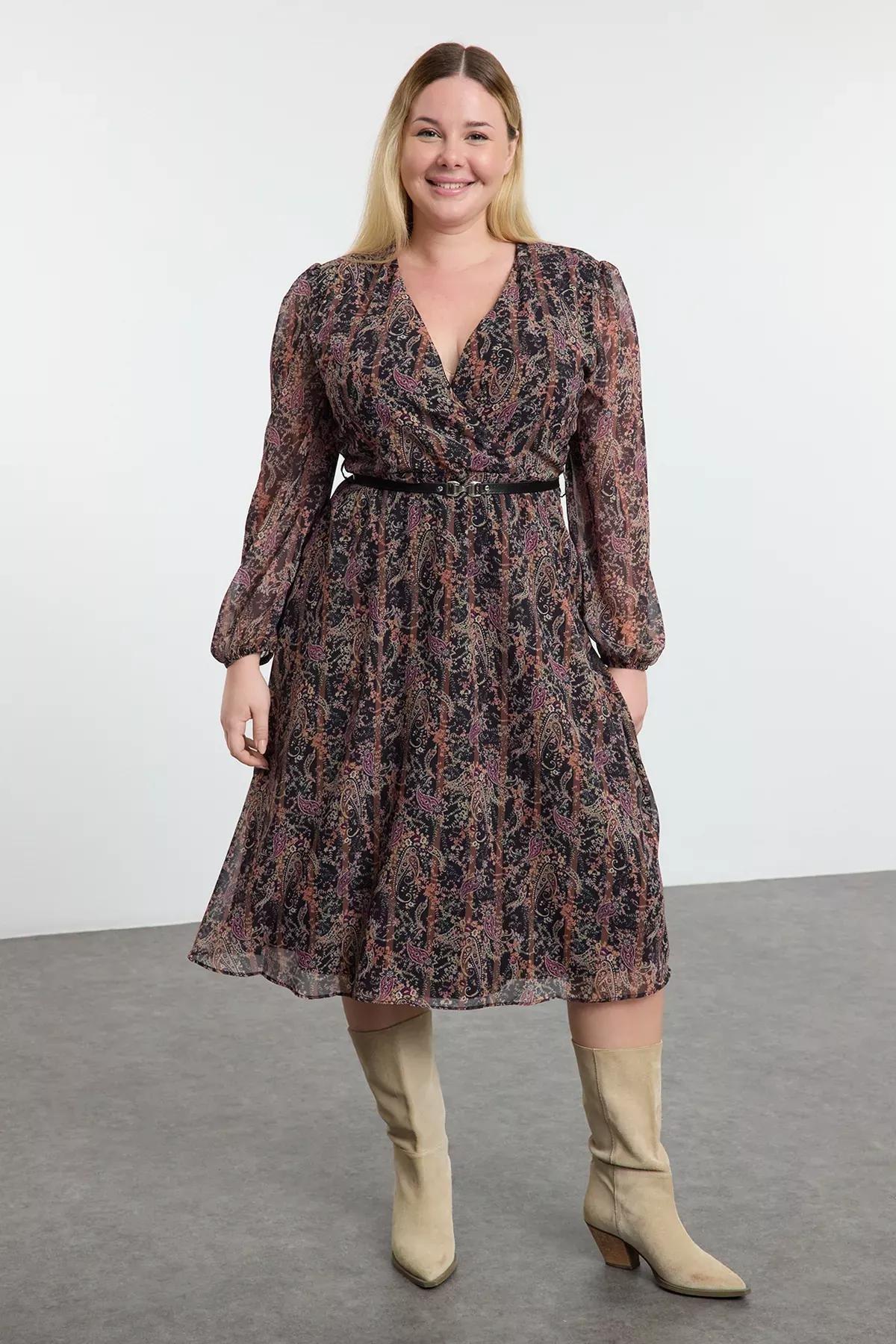 Brown floral belted A-Line dress, Brown, large image number 0