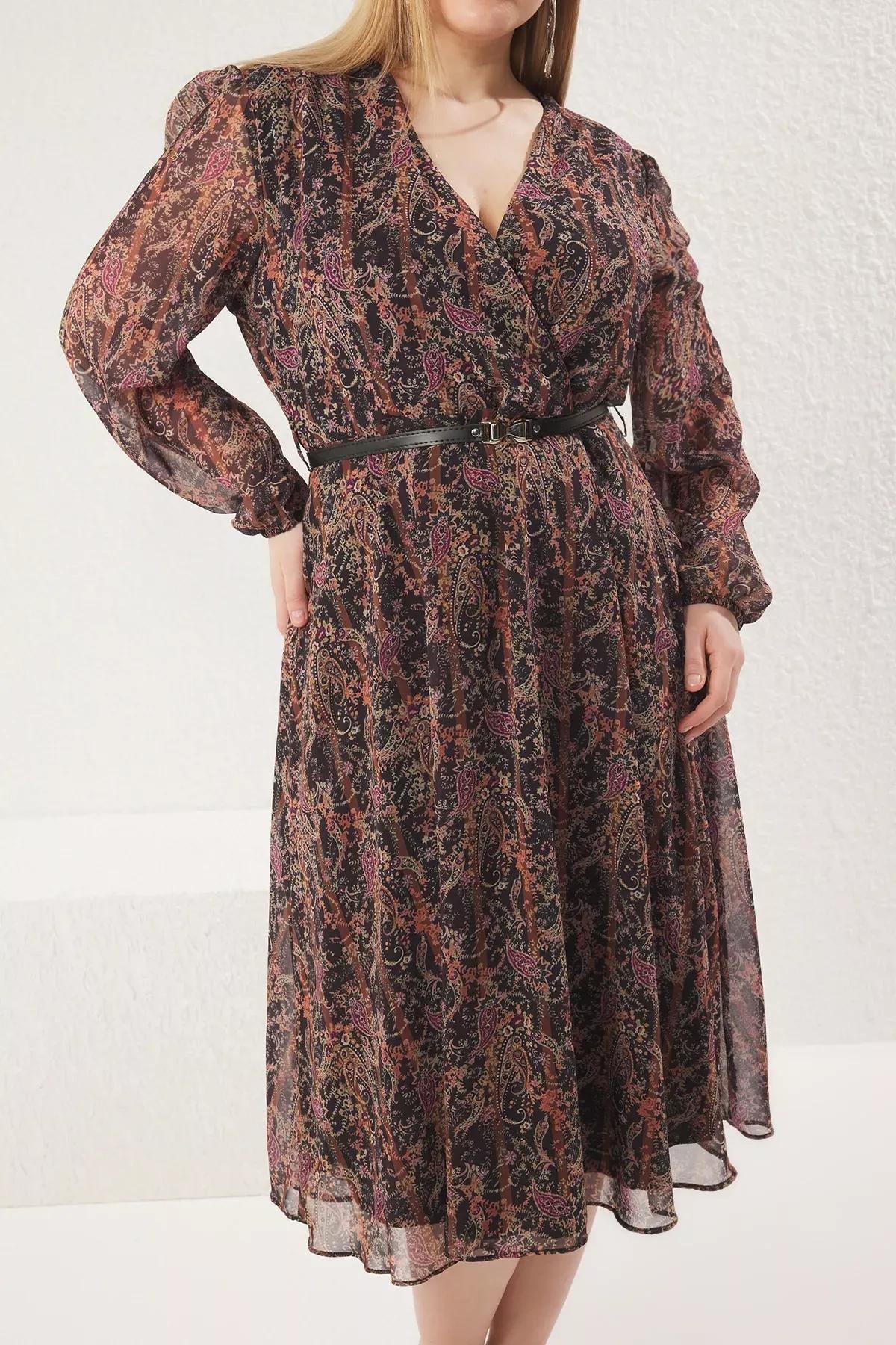 Brown floral belted A-Line dress, Brown, large image number 5
