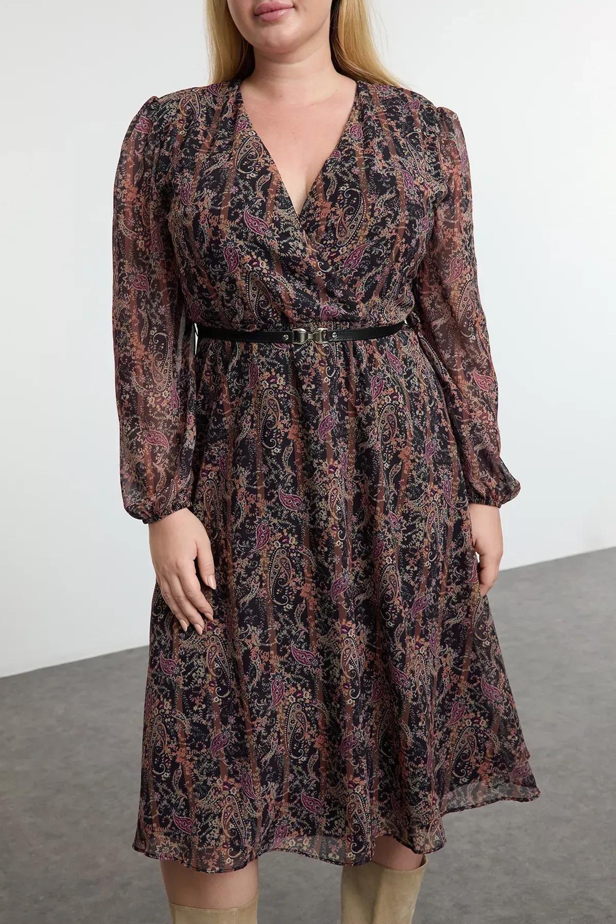 Brown floral belted A-Line dress, Brown, large image number 6