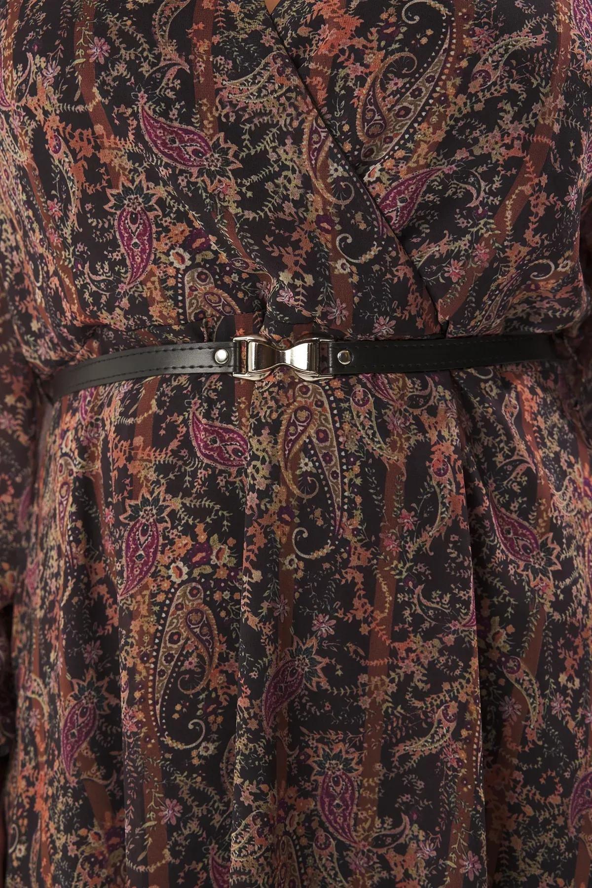 Brown floral belted A-Line dress, Brown, large image number 7