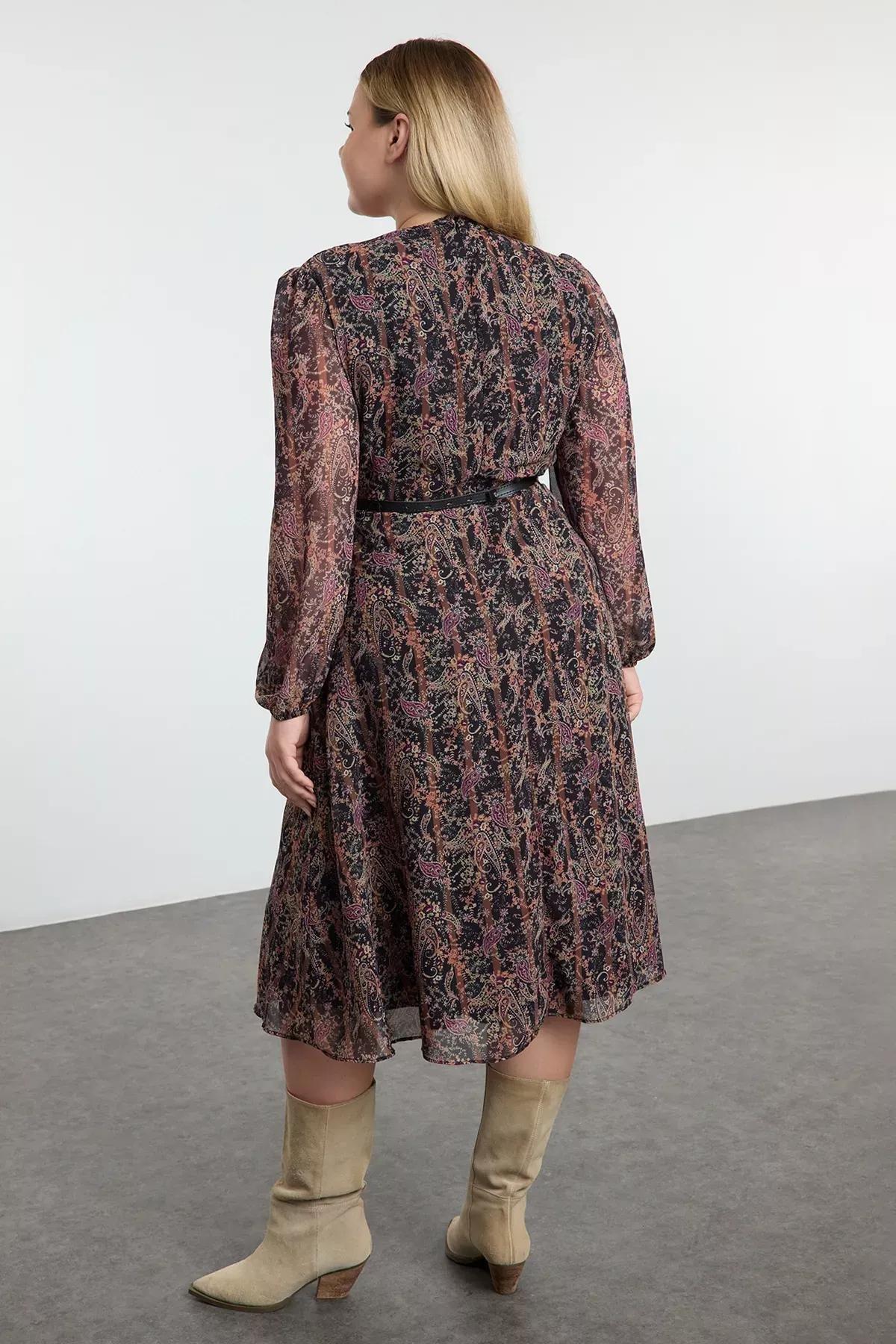 Brown floral belted A-Line dress, Brown, large image number 8